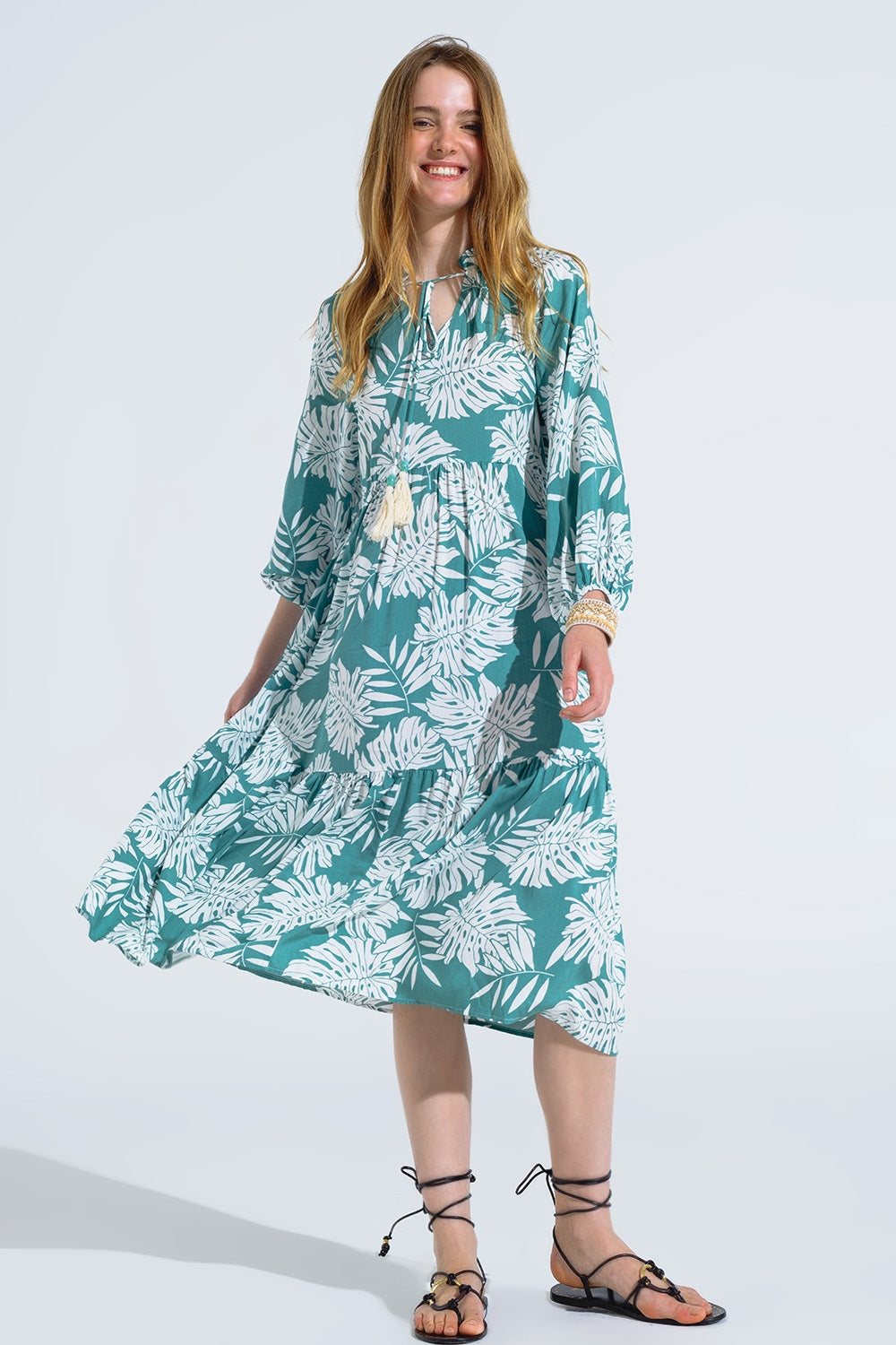 Boho Long Sleeve Balloon Robe with Leaf Print in Green - Perfect for Yoga, Beach Cover-Up, and Relaxing at Home