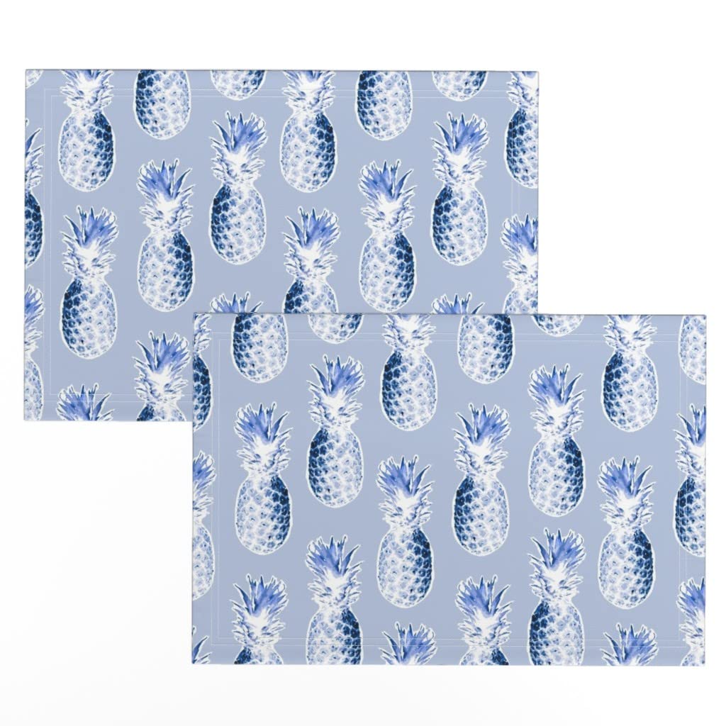 Premium Linen Cotton Canvas Placemats Set of 2 - Blue Pineapple Tropical Print, Hawaii & Williamsburg Inspired Table Decor | Perfect for Beach House Dining, Summer Parties & Boho Kitchen Decor