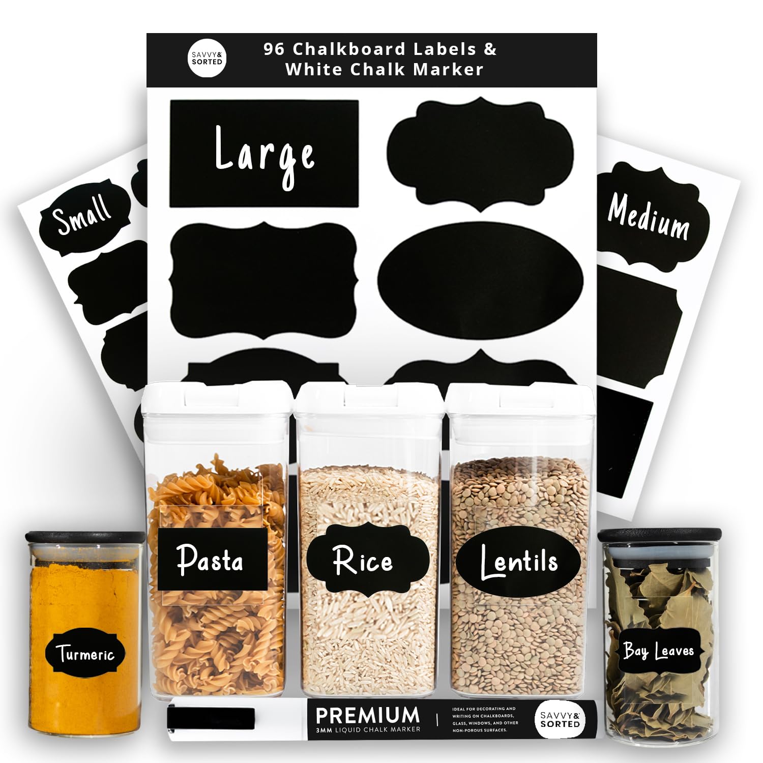 96 Pack Chalkboard Labels for Storage Bins & Jars - Removable Chalkboard Stickers with Chalk Marker - Organize Containers, Pantry, Spice Jars & Glass Bottles - Perfect for Home, Office & Classroom Organization