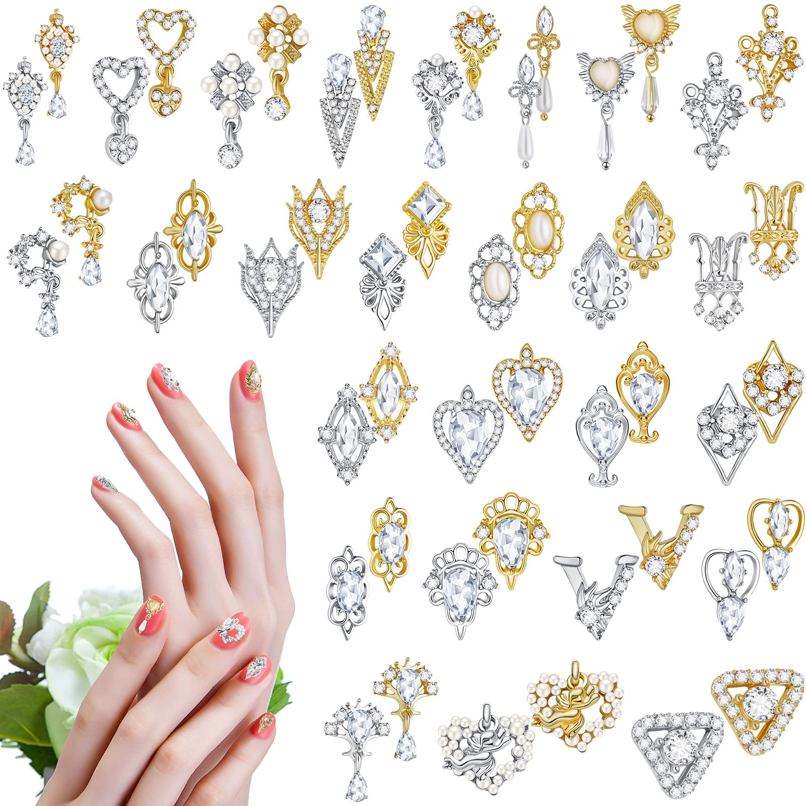 Maitys 54-Piece Gold & Silver 3D Nail Charms Set - Alloy Rhinestone Heart Dangle Jewelry, Crystal Metal Nail Gems with Flower Studs for DIY Nail Art | Perfect for Christmas, Parties, Weddings & Special Occasions