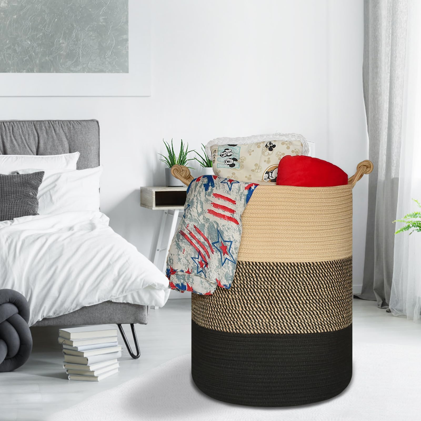 COMSE Extra Large Woven Storage Basket - 15.7”x 21.7” Cotton Rope Laundry Hamper for Nursery, Toys, Clothes & Towels (Brown/Black) | Perfect for Home Organization, Baby Room & Closet Storage