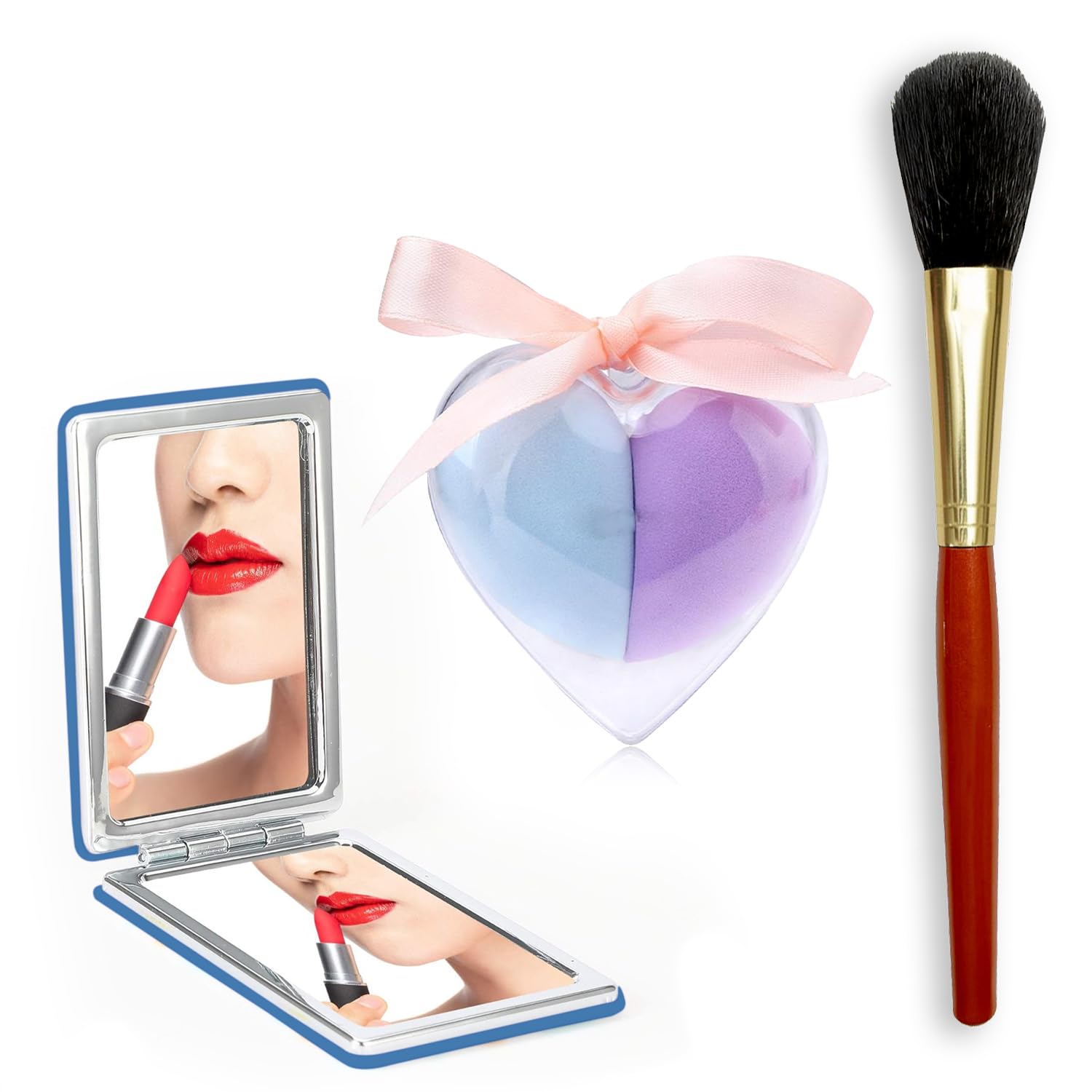 Swiss Connection Portable Double-Side Folding Mirror with Makeup Sponge Beauty Blender, Powder Brush & Non-Slip Wooden Handle Foundation Brush - 3 Pack for Travel, Home Vanity & Professional Makeup Application