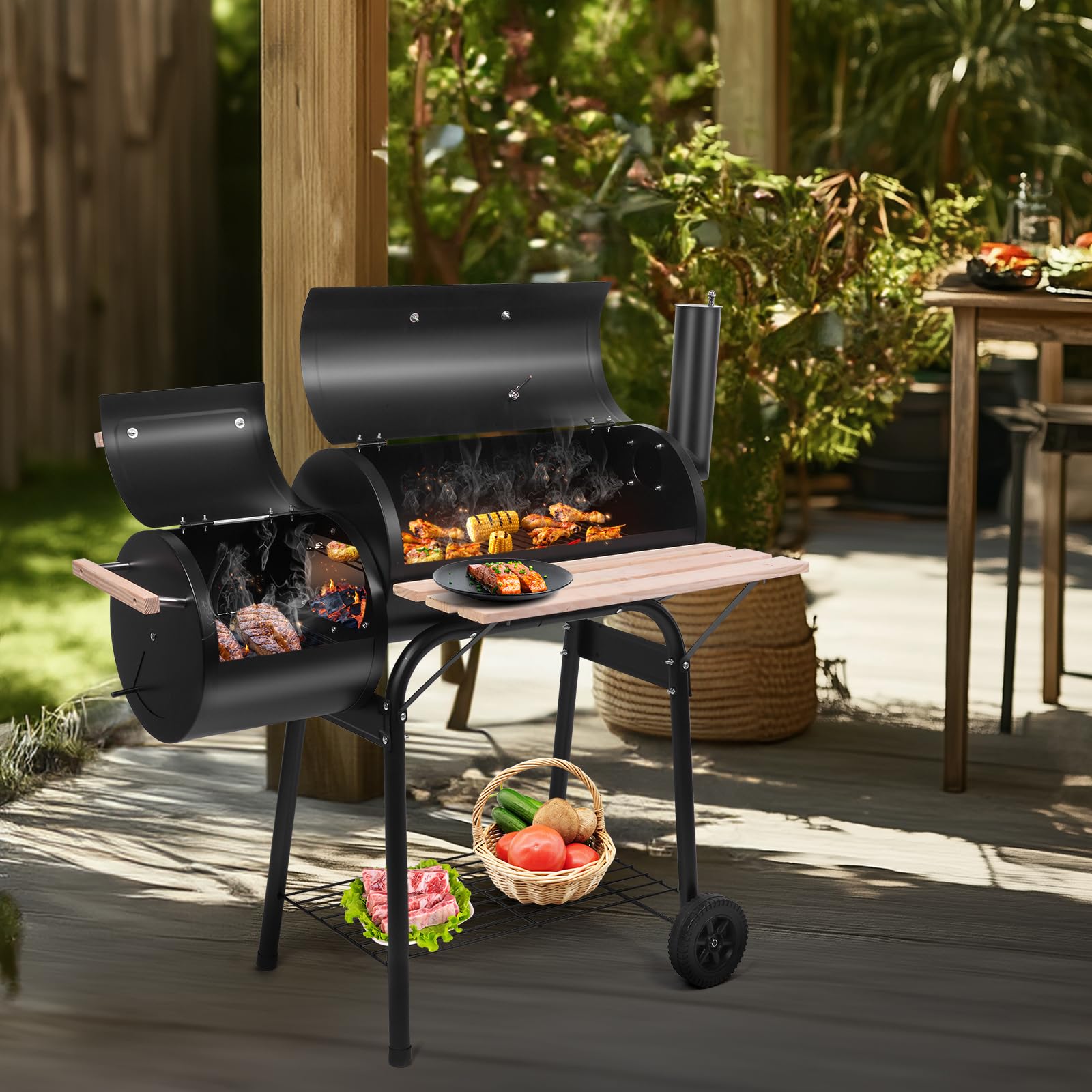 Outvita BBQ Charcoal Grill with Offset Smoker - Portable Outdoor Patio Barbecue Cooker with Wheels & Tray for Backyard, Camping, Picnics & Parties | Perfect for Grilling, Smoking Meats & Outdoor Entertaining