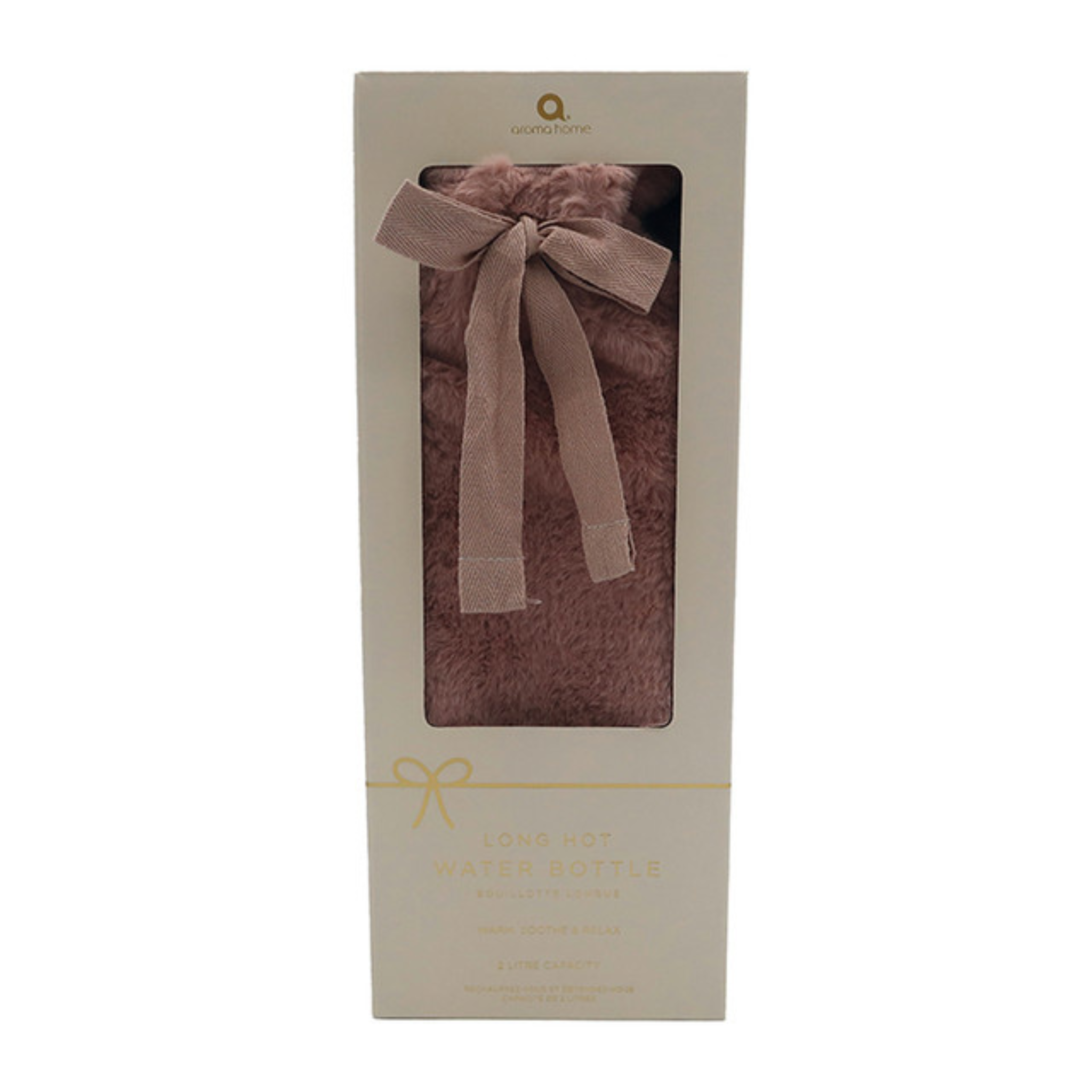 2 Liter Long Hot Water Bottle with Soft Pink Faux Fur Cover & Ribbon Tie - Perfect for Pain Relief, Warmth & Comfort at Home, Office or Travel