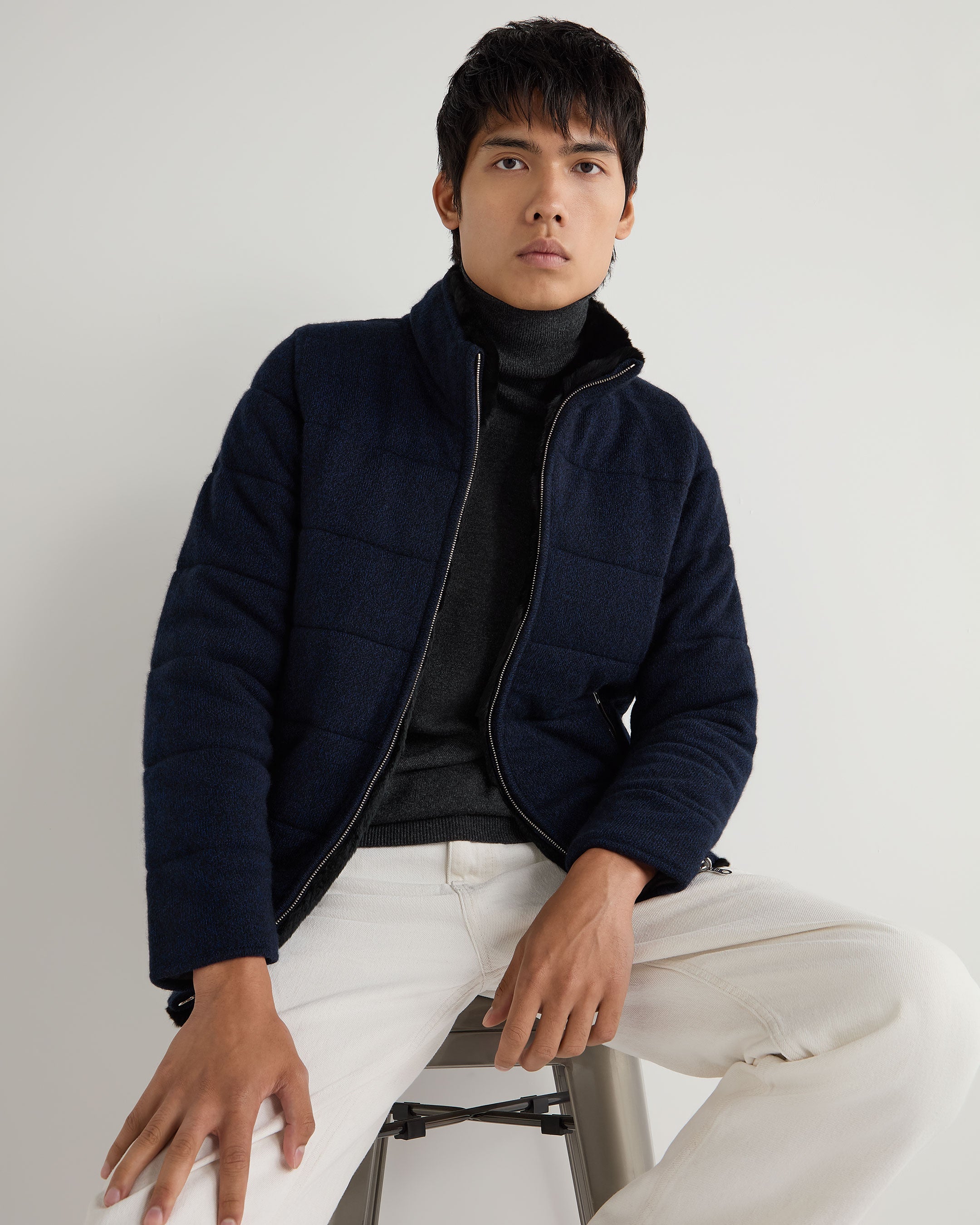 Premium Men's Whistler Fur Quilted Cashmere Jacket - Navy Blue Melange - Warm Winter Coat for Outdoor Activities & Casual Wear