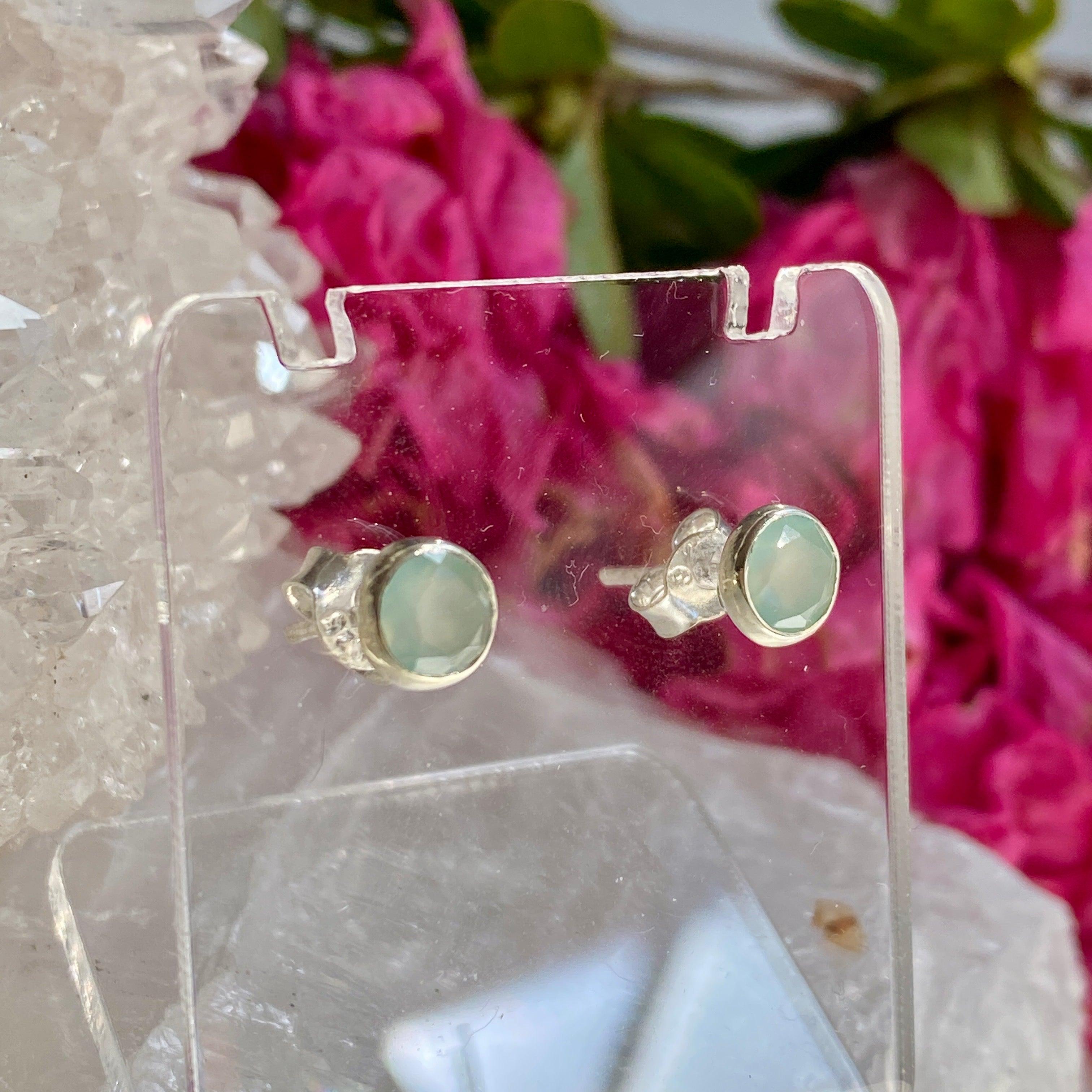 Aqua Chalcedony Petite Round Faceted Stud Earrings KEGJ1128 - Elegant Jewelry for Women, Perfect for Everyday Wear & Special Occasions