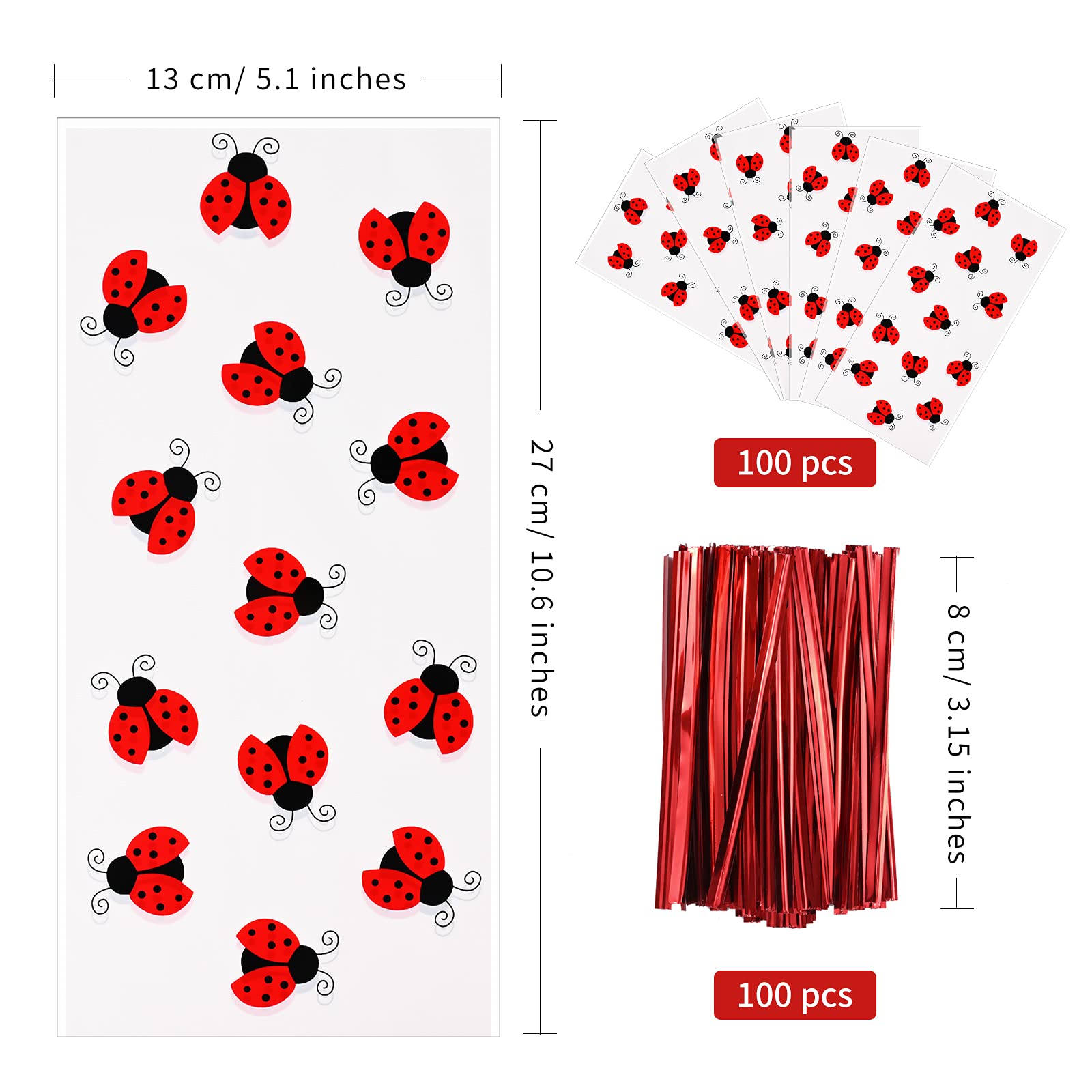 100 Pcs Ladybug Treat Bags - Red Cellophane Candy Bags with Twist Ties for Birthday Party Favors, Baby Shower, Garden Theme Decorations & Kids Party Supplies - Perfect for Ladybug-Themed Celebrations and Classroom Treats
