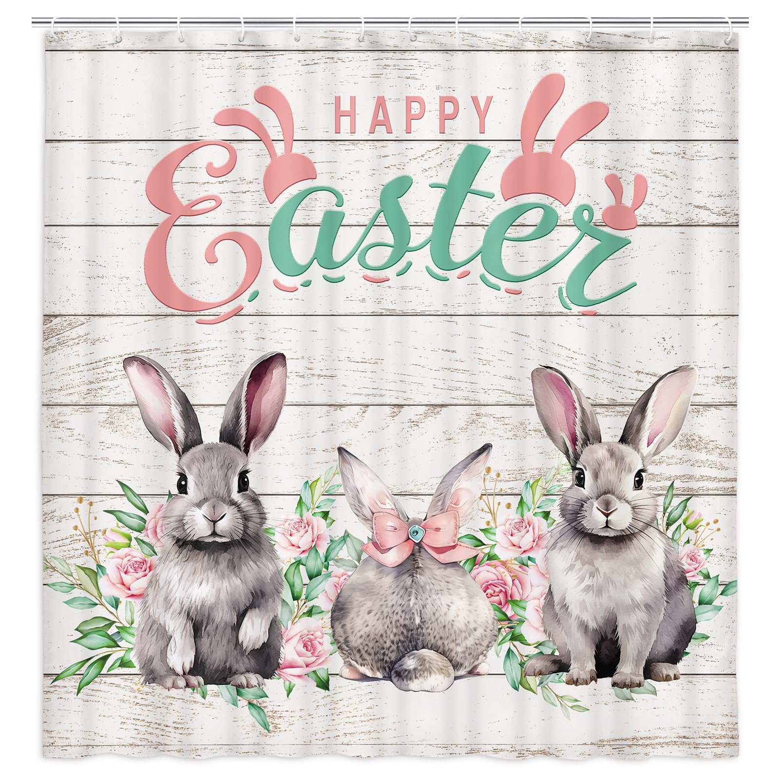 JAWO Easter Rabbit Shower Curtain - Funny Gray Bunny Design on Rustic Wooden Background, Farmhouse Spring Holiday Bathroom Decor with Hooks, 69x70 Inches - Perfect for Easter Decorations, Farmhouse Bathroom Themes, and Seasonal Home Refresh