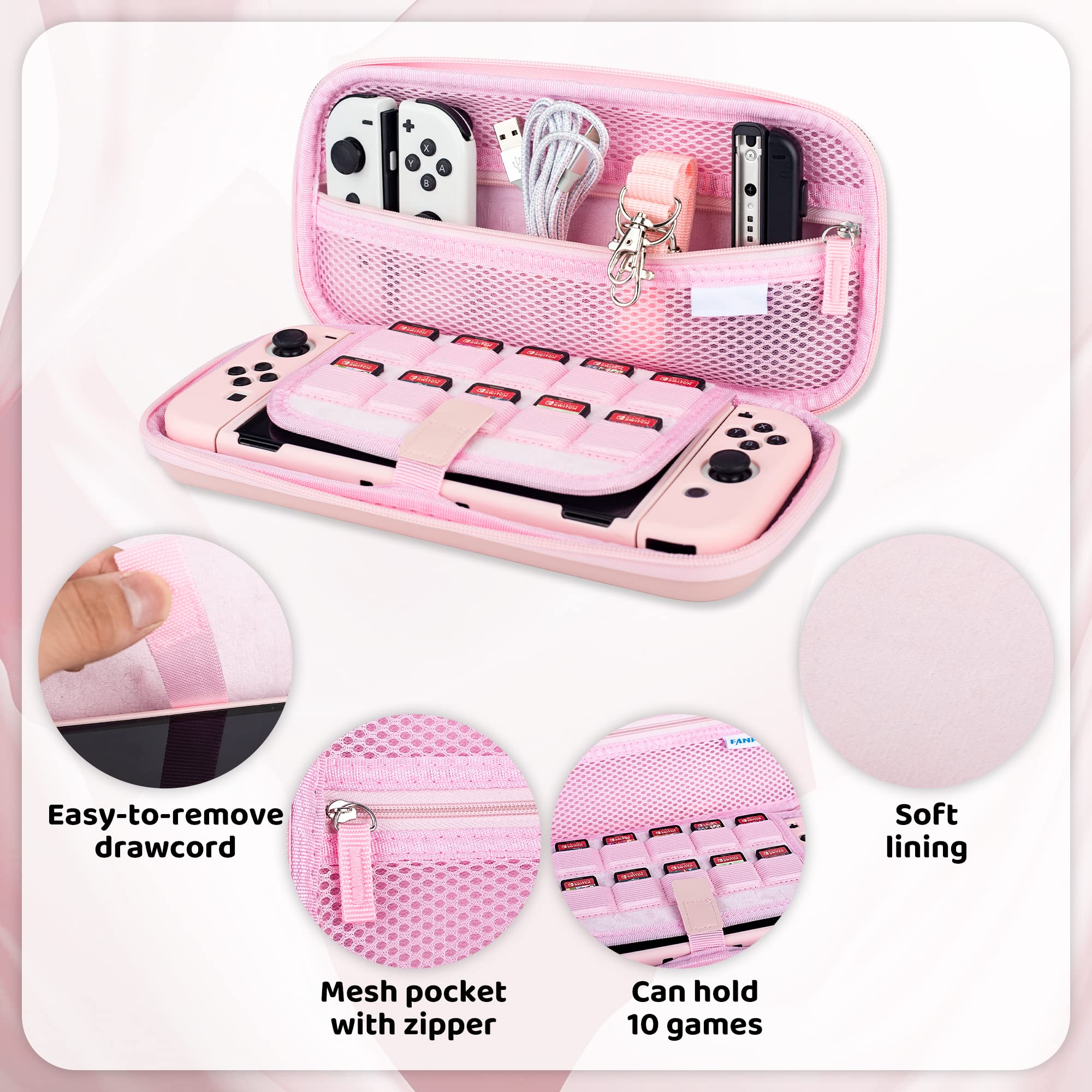 Premium Pink Nintendo Switch OLED Carrying Case with Sakura Embroidery - Portable Hard Shell Protection Includes Soft Case, Screen Protector, 4 Thumb Grips, Wrist Strap & Shoulder Strap - Perfect for Travel, Commuting & Gaming On-The-Go