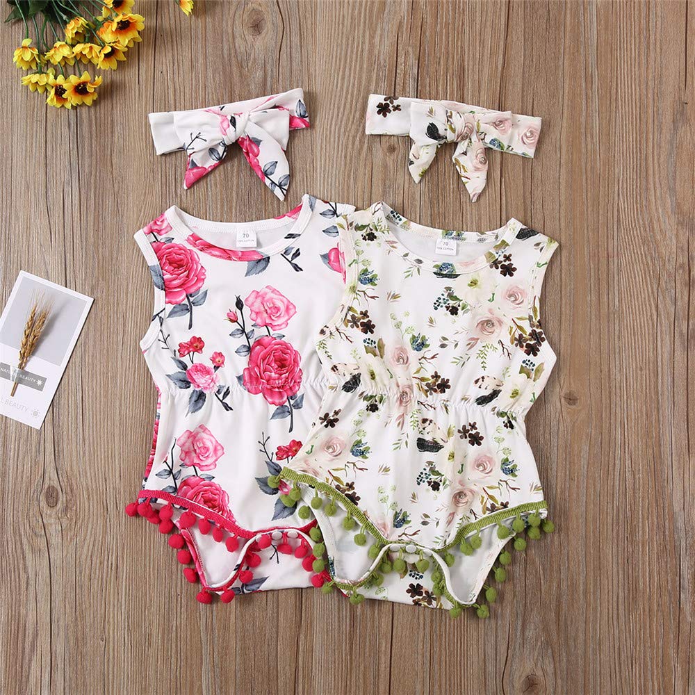 Newborn Baby Girl Summer Floral Romper Outfit - Sleeveless Jumpsuit with Tassel & Headband - Perfect for Photoshoots, Parties & Daily Wear
