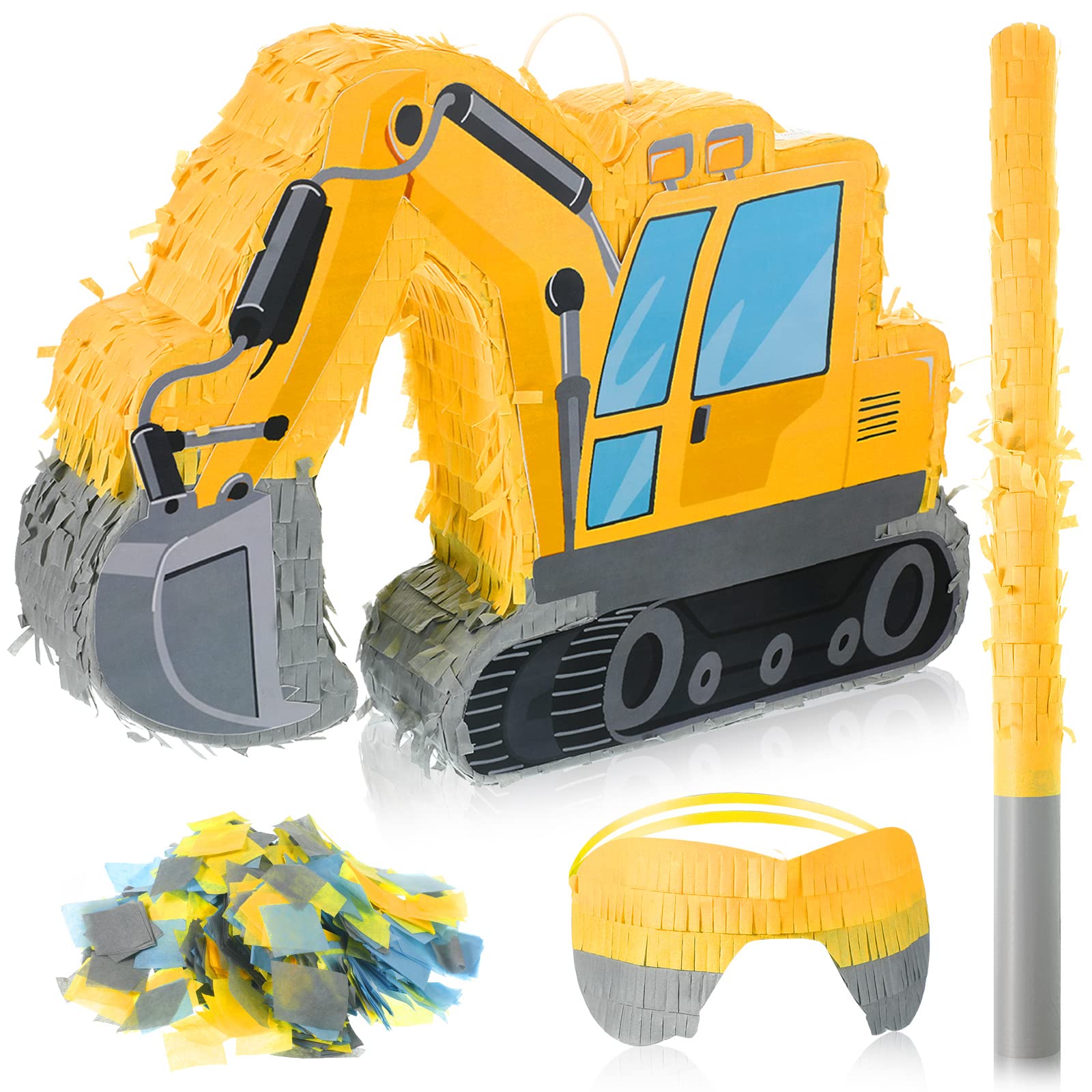 Ferraycle Excavator Construction Truck Pinata for Boys Birthday Party - Kids Construction Theme Party Supplies with Blindfold, Bat, Confetti & Number Crane Tractors - Perfect for Construction Birthday Parties, School Events & Pinata Games