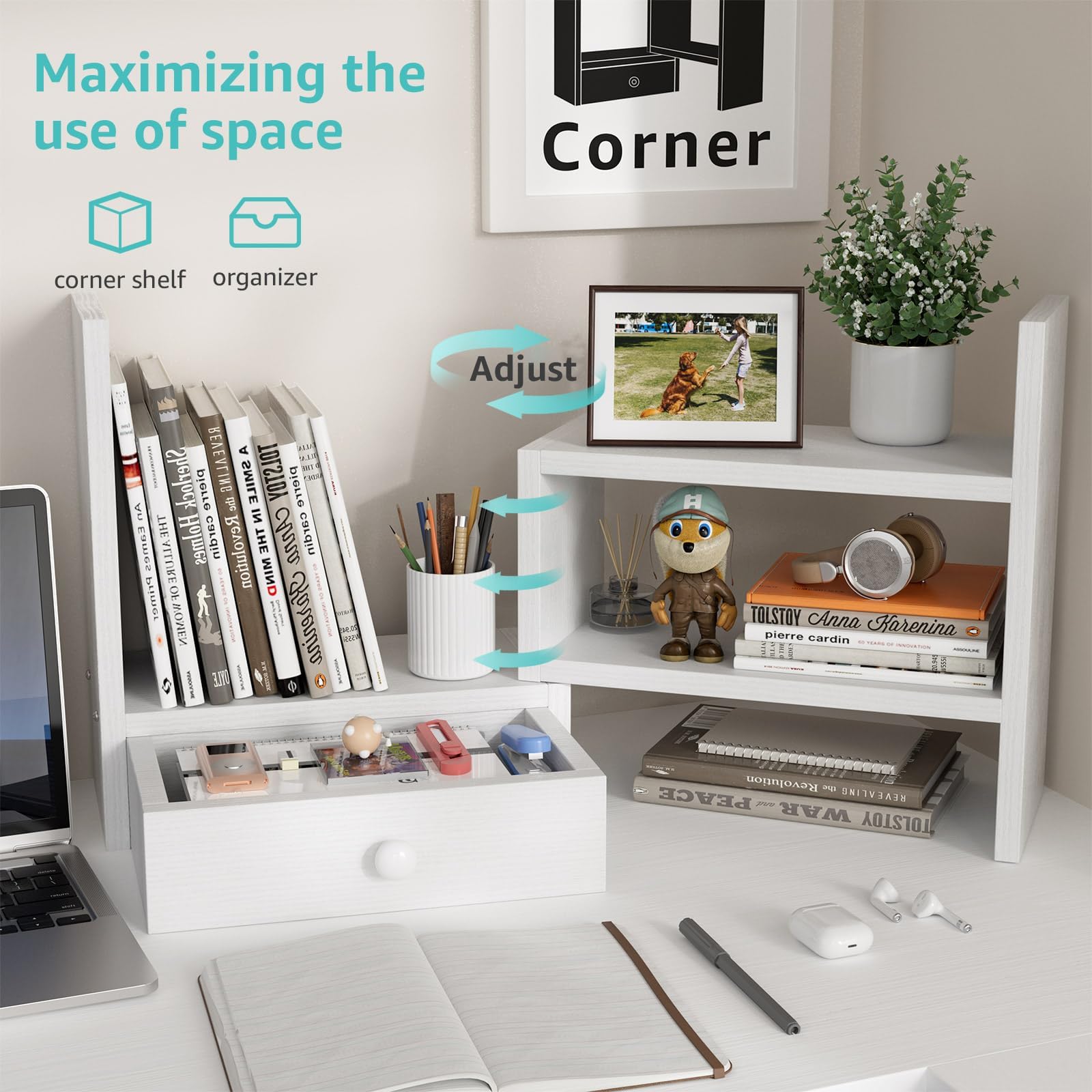 White Desk Organizer Shelf with Drawers - Desktop Bookshelf for Office & Home, Small Hutch Decor for Women, Perfect for Workspace, Study, and Corner Table Organization