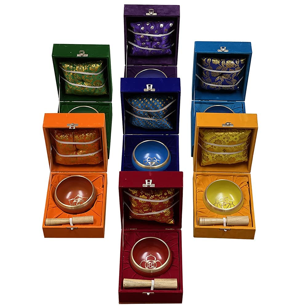 Chakra Singing Bowls Set - Tibetan Meditation Singing Bowls with Cushion Mallet, Tulsi Mala Beads & Prayer Flag for Mindfulness, Yoga & Spiritual Healing (Medium Size) - Perfect for Home Meditation, Sound Therapy & Relaxation