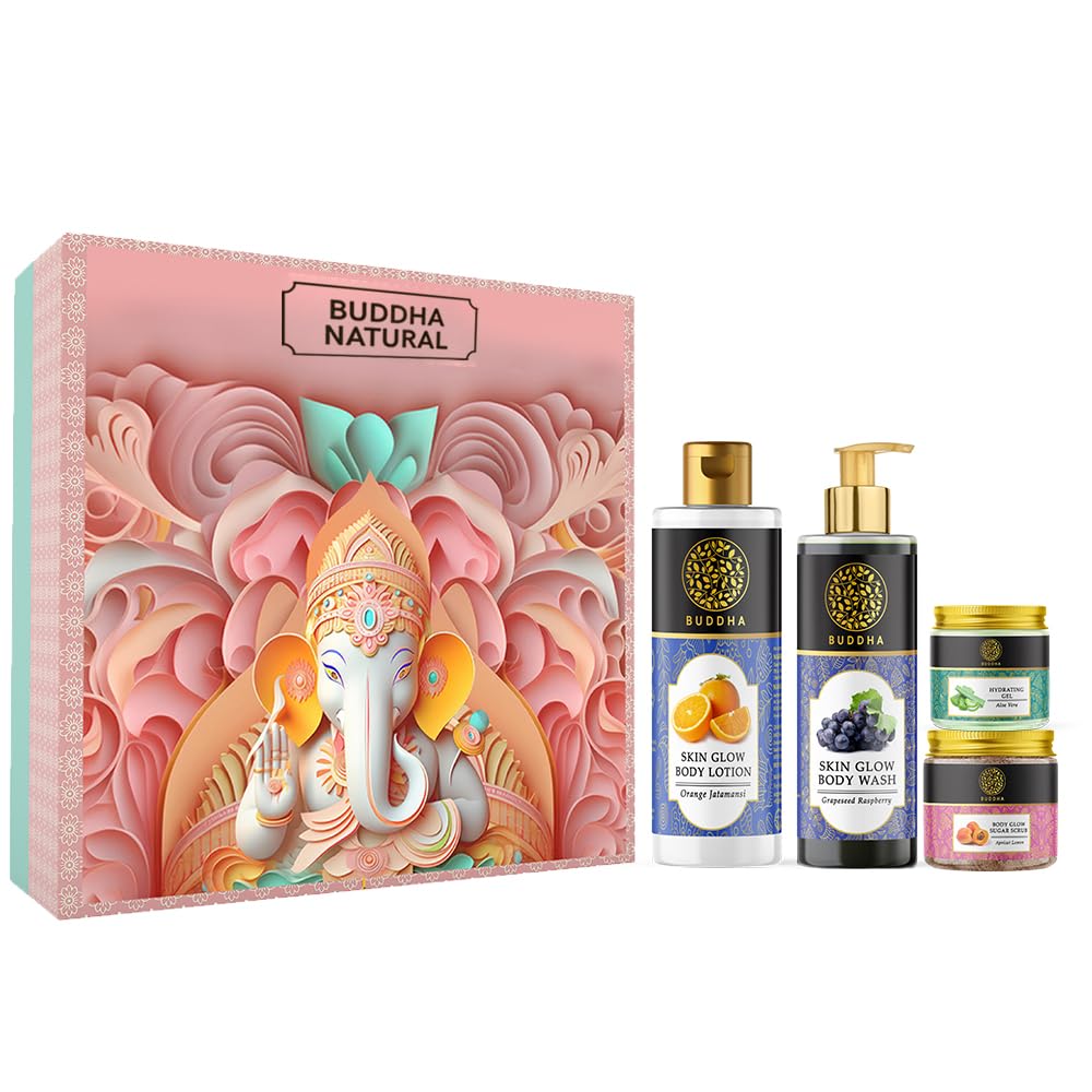 **Mighty Ganesha Buddha Natural Body Glow Gift Box – Ayurvedic Skincare Set with Body Wash, Scrub, Hydrating Gel & Lotion – Diwali Gift for Radiant, Hydrated Skin – Perfect for Festive Gifting & Daily Skincare Routine**