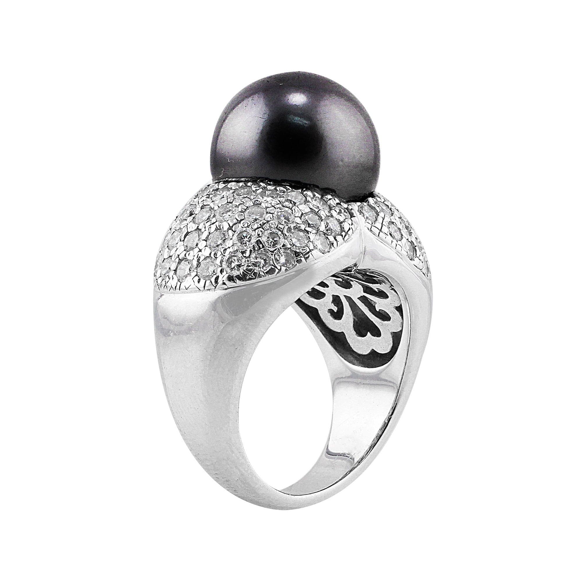 18K White Gold Tahitian Pearl and Pavé Diamond Ring for Women - Elegant Wedding, Engagement, Anniversary Gift - Perfect for Special Occasions and Evening Events
