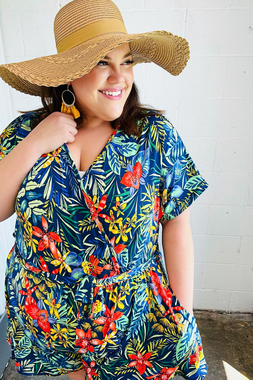 Navy Blue Tropical Floral Print Surplice Romper for Women - Summer Beach Vacation, Pool Party & Casual Outfit