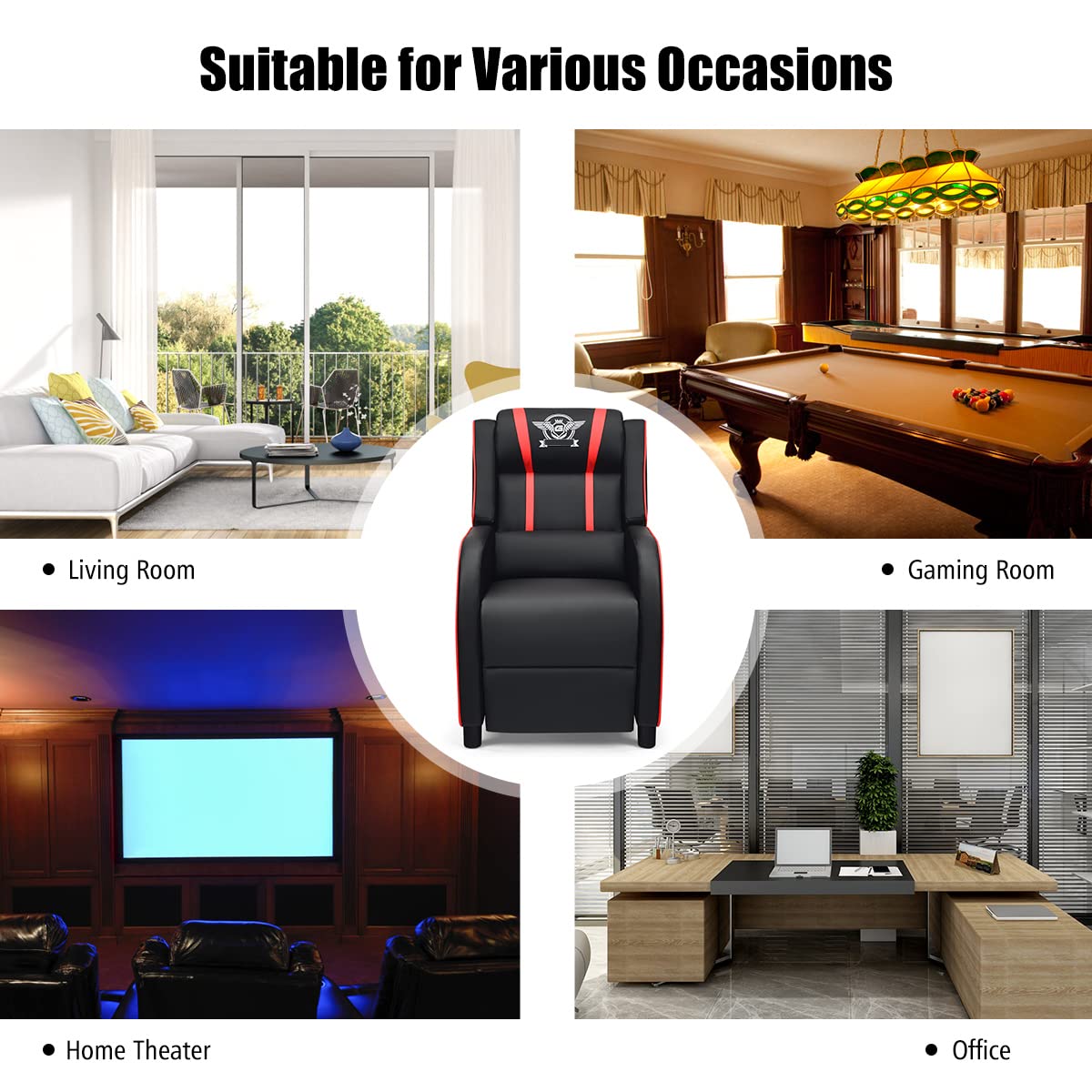 Premium PU Leather Massage Gaming Recliner Chair with Footrest - Modern Racing Style Home Theater Seat for Living Room, Bedroom & Game Room - Ergonomic Comfort for Relaxation, Movie Watching & Video Gaming (Red)