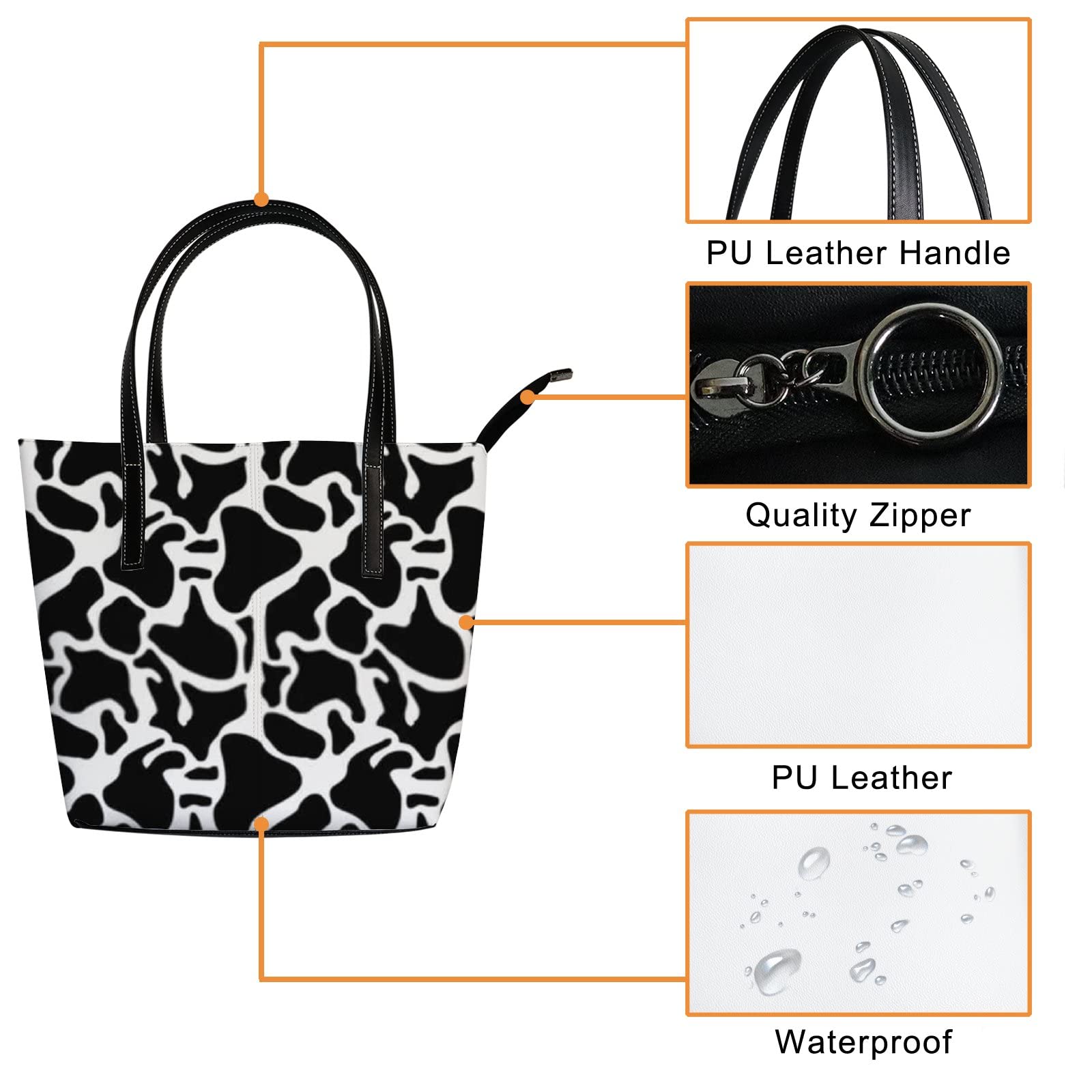 Stylish Black and White Cow Print Leather Tote Bag for Women - Fashionable Crossbody & Work Handbag with Zipper | Perfect for Office, Travel & Daily Use