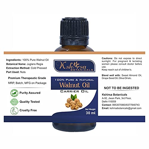 Pure Cold Pressed Walnut Oil 100% Natural & Therapeutic Grade - Organic Carrier Oil for Aromatherapy, Hair Care & Skin Care (30ml) - Perfect for Massage, DIY Beauty & Natural Remedies