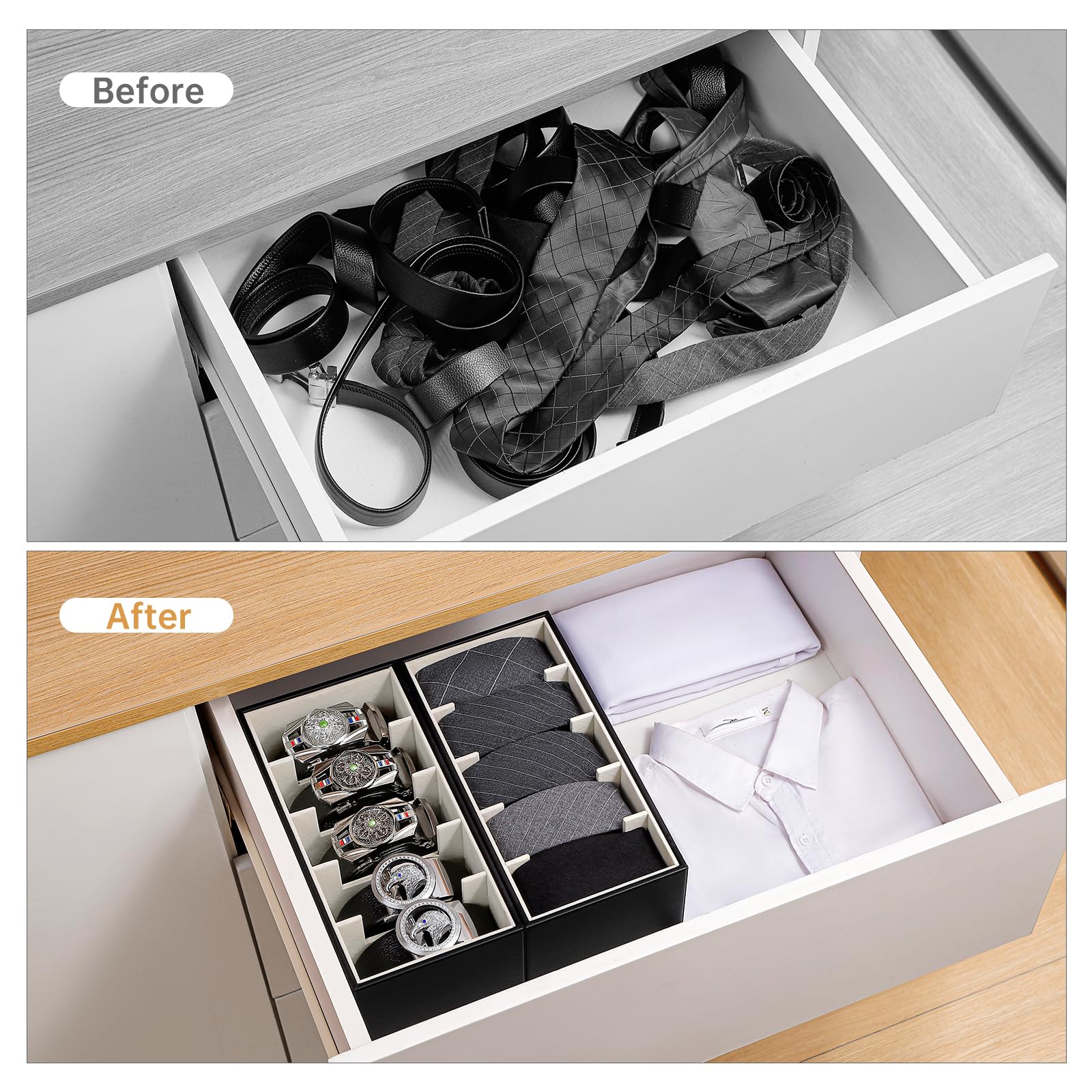 2 Packs PU Leather Belt Organizer - 5 Grids Belt Holder for Men's Closet & Drawer Storage - Black Belt Tie Organizer for Home & Travel Use