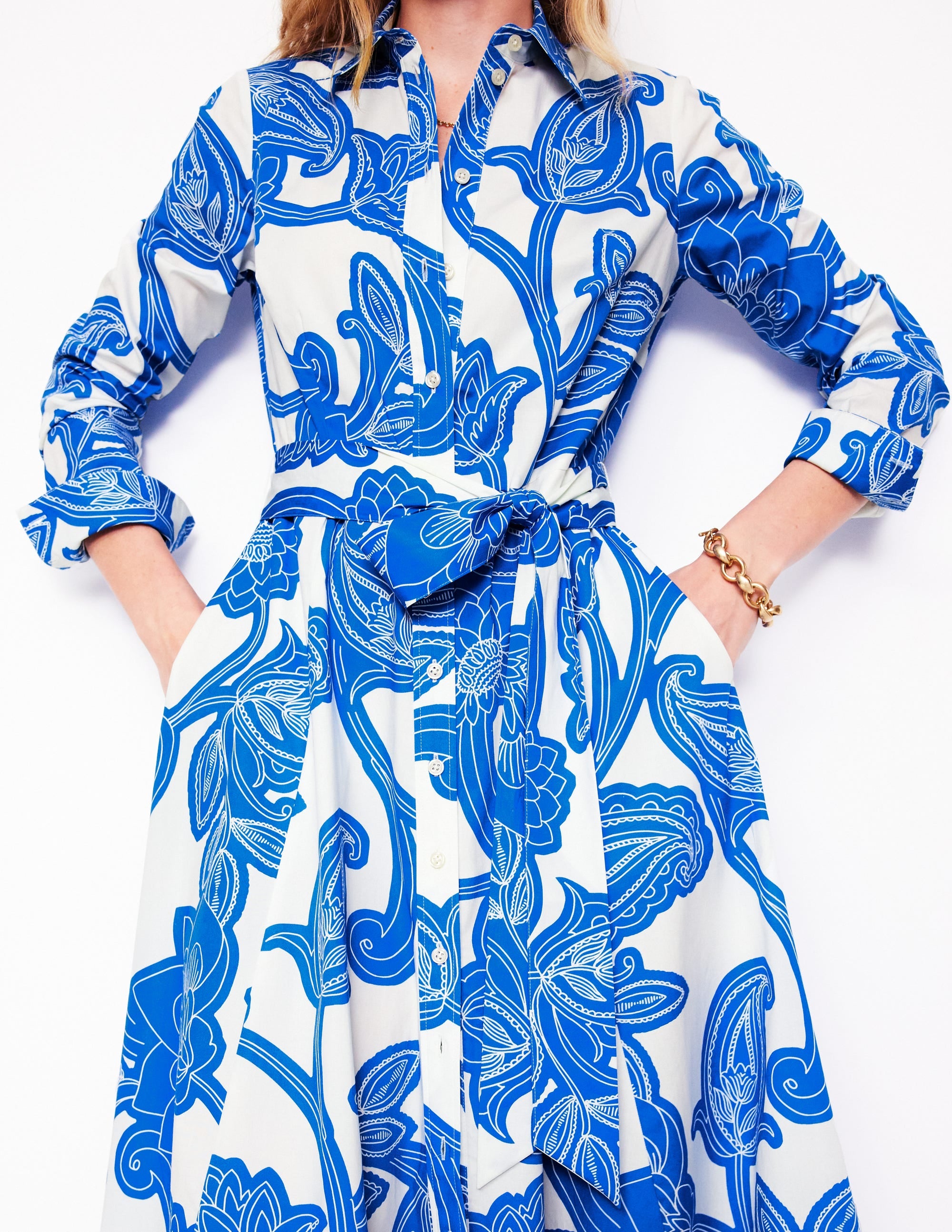 Amy Cotton Midi Shirt Dress in Cerulean Blue with Paisley Whirl Print - Women's Casual Summer Dress for Office, Beach & Date Night