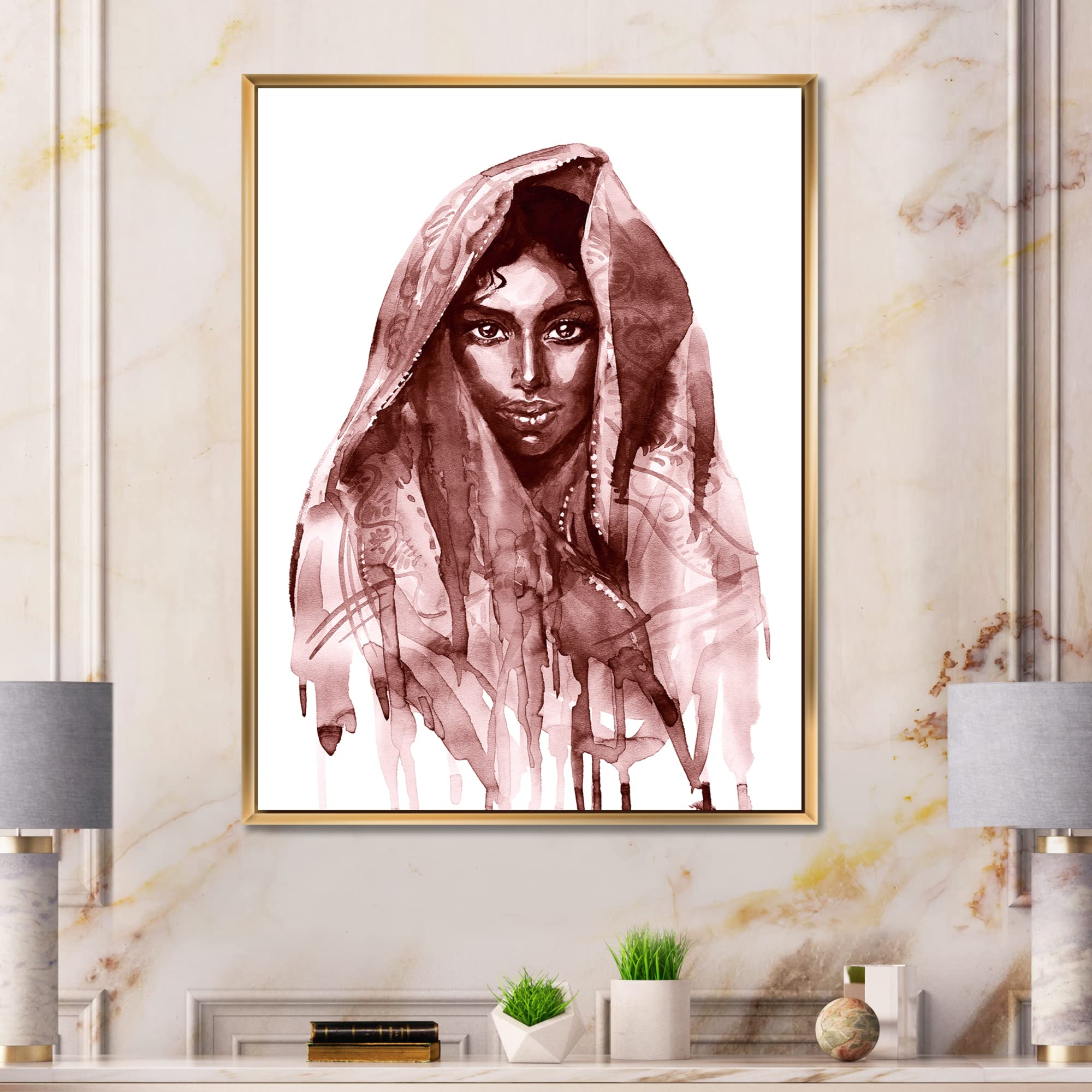 DesignQ Monochrome Portrait of Young Indian Woman II - Modern Framed Canvas Wall Art Print for Living Room, Bedroom & Office Decor