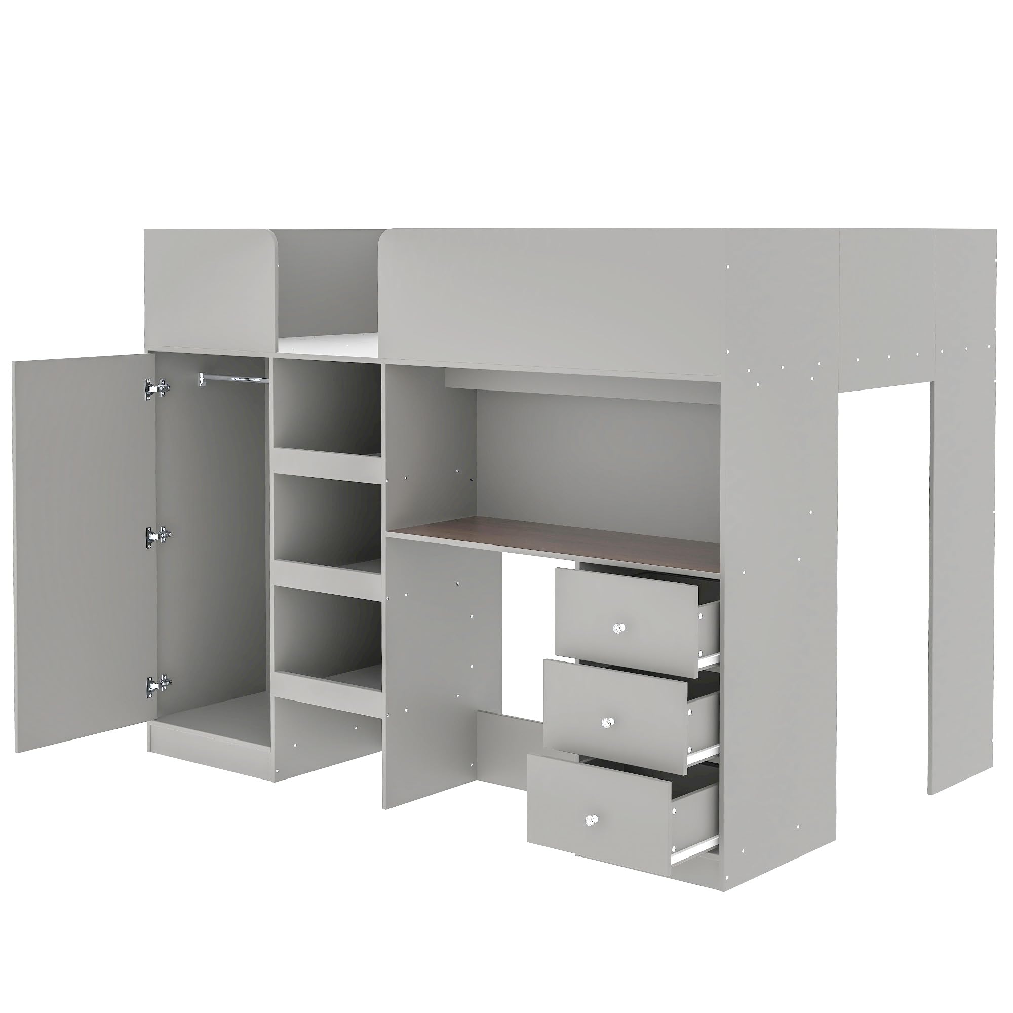Full Size Loft Bed with Built-in Wardrobe & Desk - Sturdy Wooden Bed Frame with Storage Shelves & Drawers - Space Saving Kids Bedroom Furniture for Boys, Girls & Teens - Easy Assembly - Grey - Perfect for Small Rooms, Dormitories & Shared Spaces