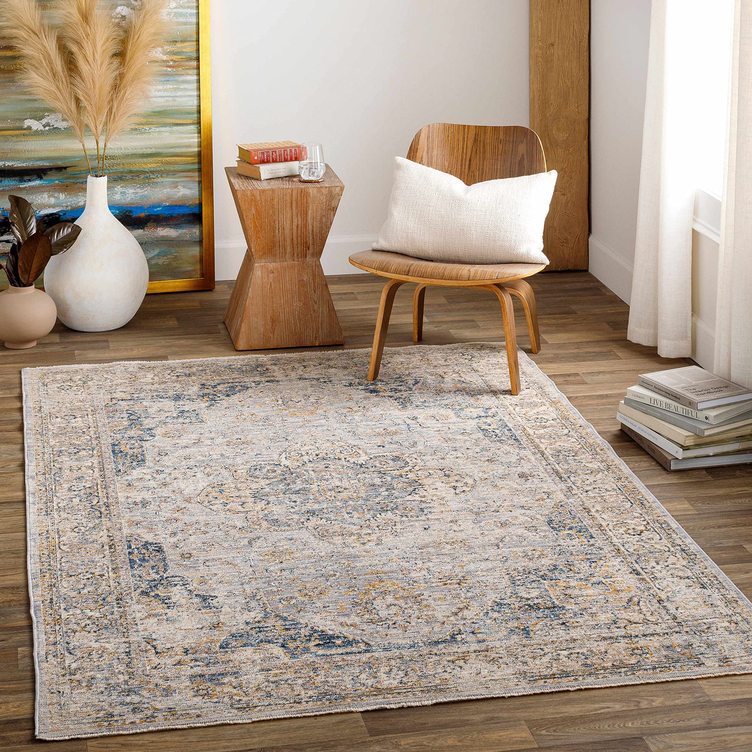 Hauteloom Tuganay Traditional Beige Blue Gray 2' x 3' Area Rug for Living Room Bedroom - Soft Non-Slip Floor Carpet for Home Decor, Cozy Comfort Underfoot