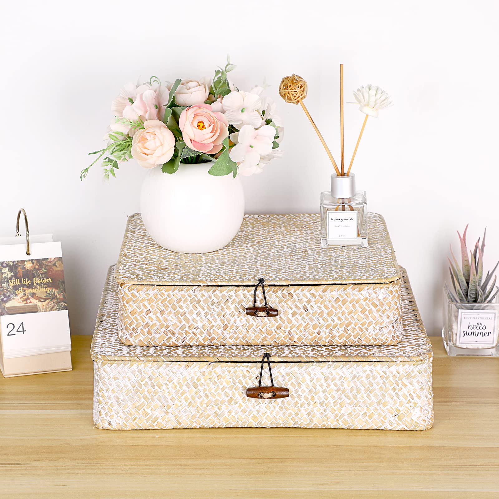 Natural Seagrass Storage Bins with Lids - 2-Pack Wicker Organizer for Home & Shelf