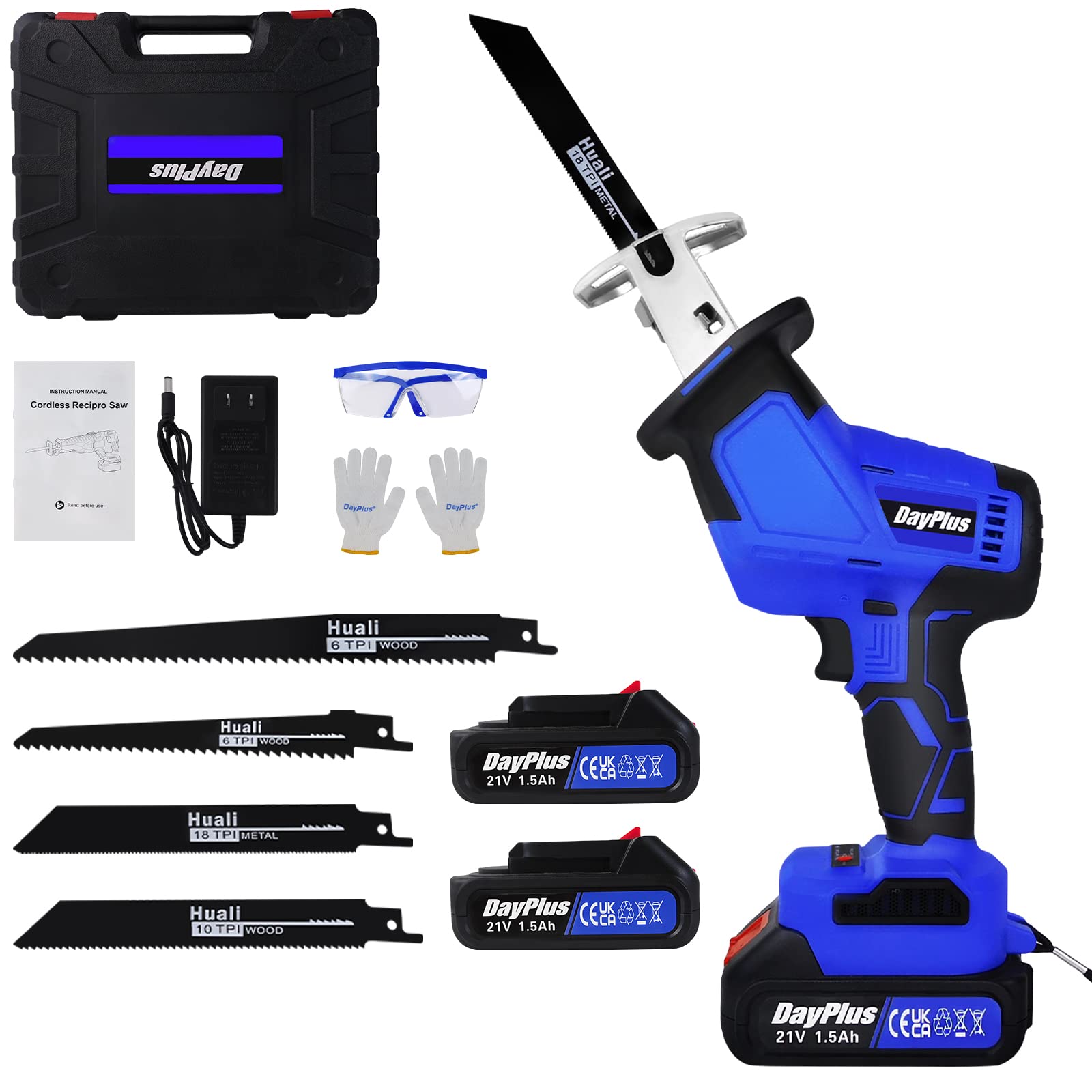 21V Brushless Cordless Reciprocating Saw with 2 x 1.5Ah Batteries & Charger - Tool-Free Blade Change, Includes Wood & Metal Cutting Blades - Ideal for DIY Projects, Construction Work, and Home Renovations