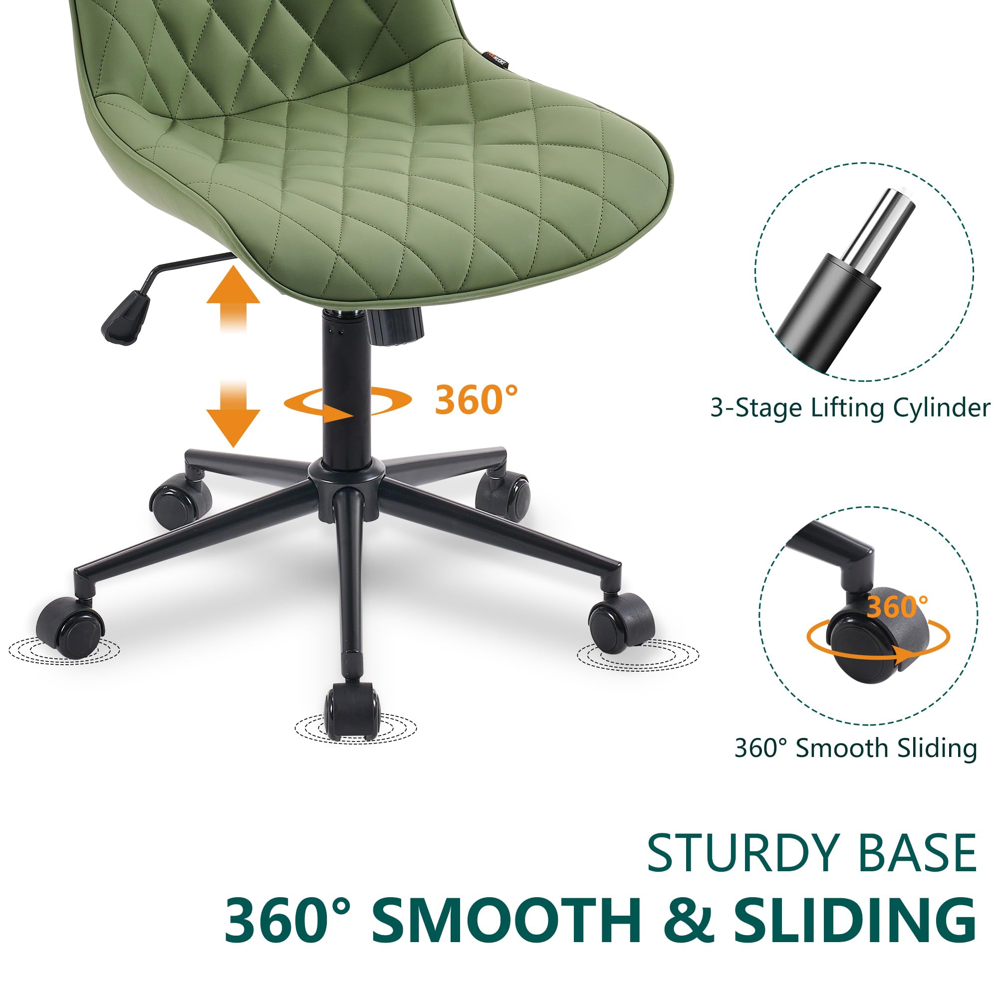 YOUNUOKE Armless Desk Chair - Comfortable Home Office Computer Chair with Wheels, Swivel Rolling Task Chair, Modern Upholstered Executive Vanity Chair in Olive - Perfect for Small Spaces, Gaming & Workstations