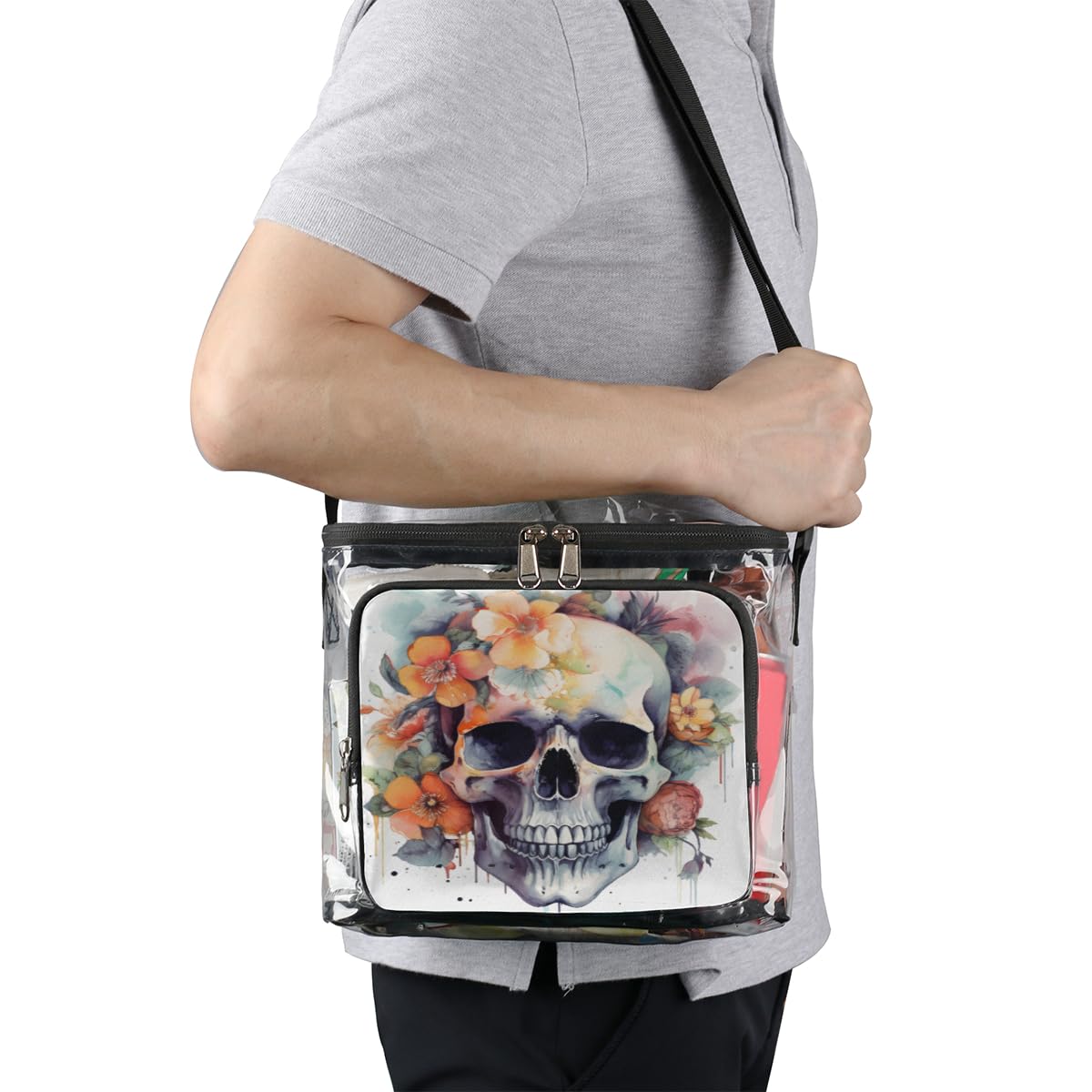 GzLeyigou Sugar Skull Flowers Clear Tote Bag with Handles - Transparent Crossbody Shoulder Bag for Lunch, Outdoor, Travel, Picnic, Concerts & Sports Events - Stadium Approved Multi-Purpose Clear Bag (Perfect for Festivals, Beach Trips and Theme Parties)
