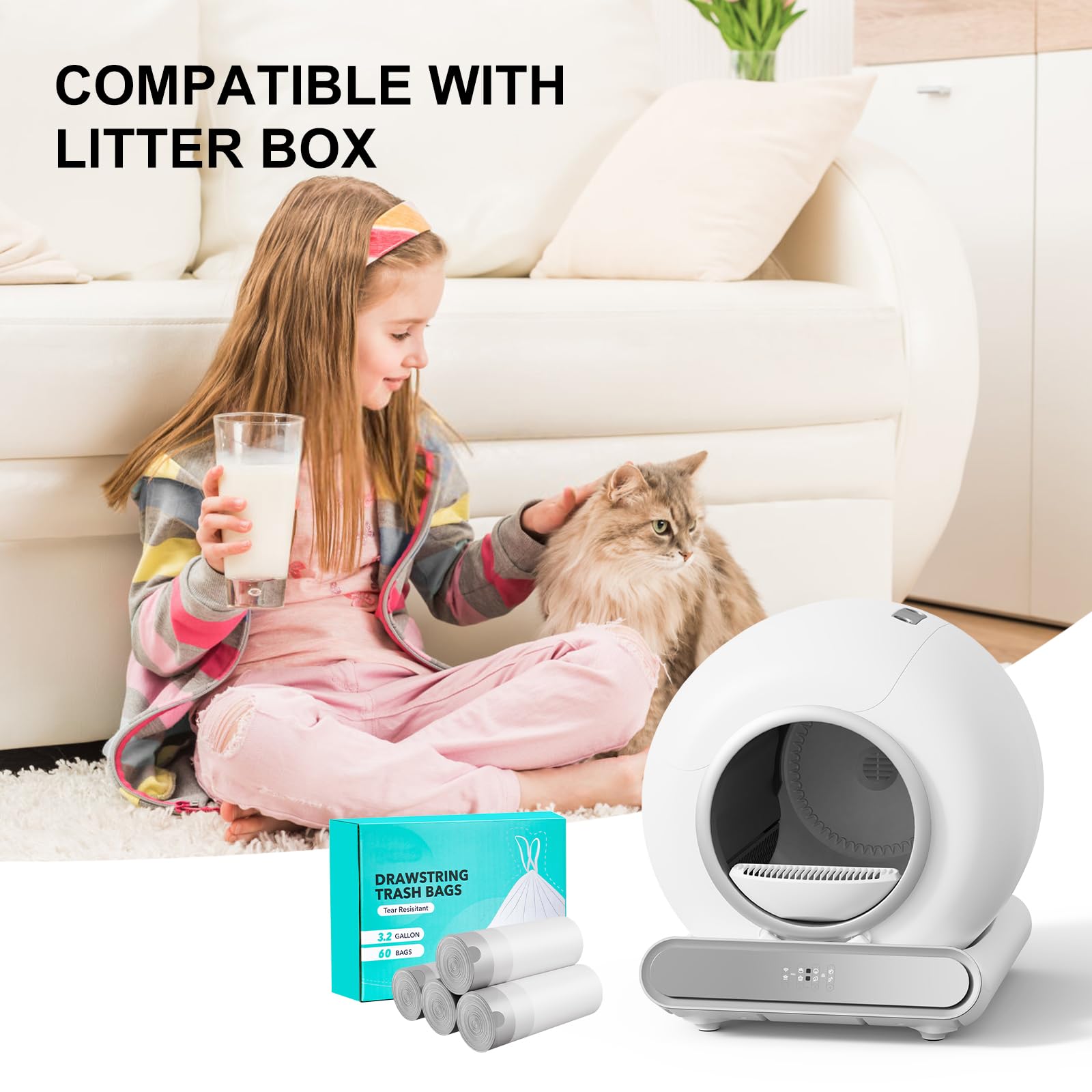 Self Cleaning Cat Litter Box with Liners - Extra Sturdy Drawstring Pet Waste Bags (4 Rolls, 60 Counts, 20