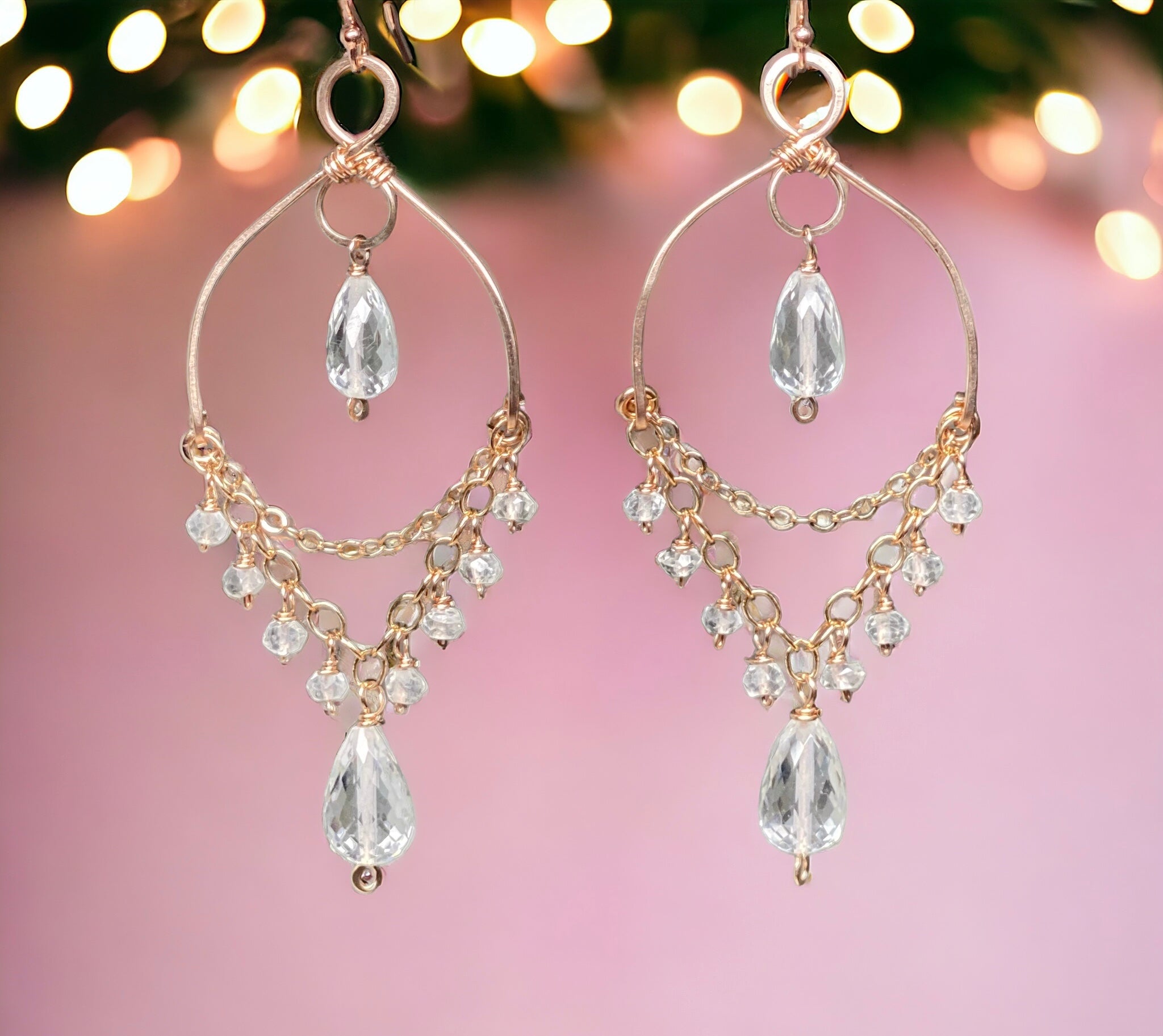 Rose Gold Filled Crystal Quartz Gemstone Chandelier Earrings - Elegant Dangle Drop Earrings for Women, Perfect for Weddings, Parties & Special Occasions