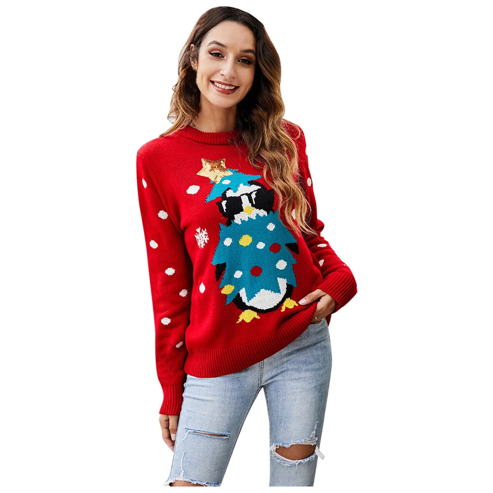 Women's Long Winter Cardigan with Sequined Christmas Knit - Cozy Animal Print Pullover Sweater for Holiday Parties & Casual Outings