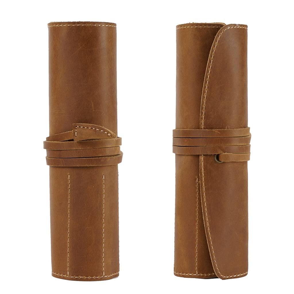 Vintage Leather Pencil Case Roll - 2 Pack Retro Style Pen Holder Pouch for School, Office & Travel - Stationery, Makeup & Cosmetic Organizer (190x40mm, Color A) - Perfect for Students, Artists & Professionals On-The-Go