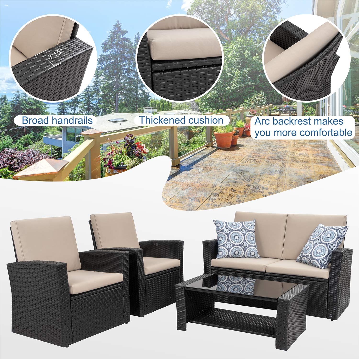 Shintenchi 4-Piece Outdoor Patio Furniture Set - All-Weather Wicker Rattan Sectional Sofa with Tempered Glass Coffee Table | Black | Perfect for Backyard, Garden, Poolside & Patio Relaxation