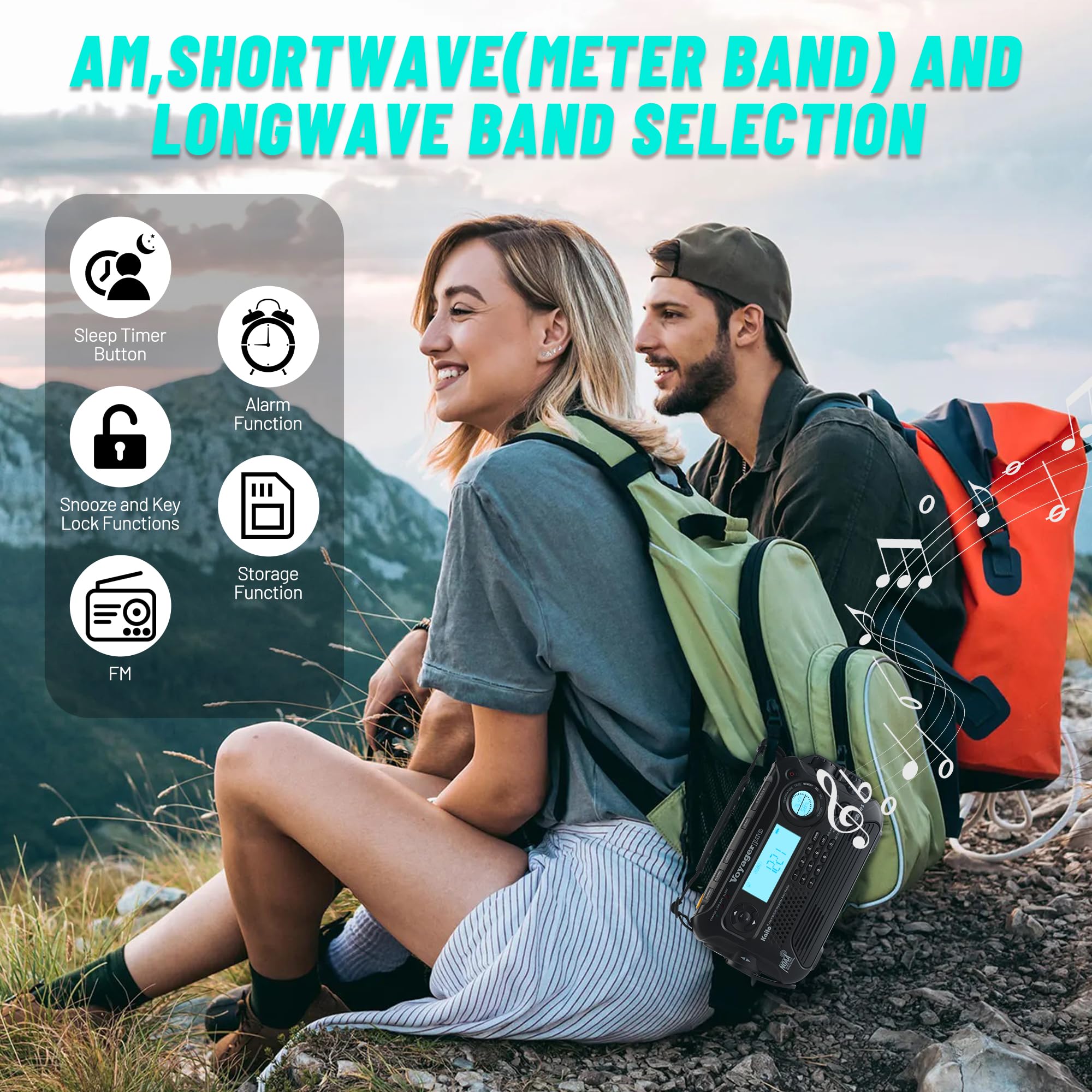 Kaito KA600 Black Solar & Hand Crank Emergency AM/FM/SW NOAA Weather Radio with AC Adapter, 5-LED Reading Light, 3-LED Flashlight, Thermometer & Hygrometer - Perfect for Camping, Hiking & Emergency Preparedness