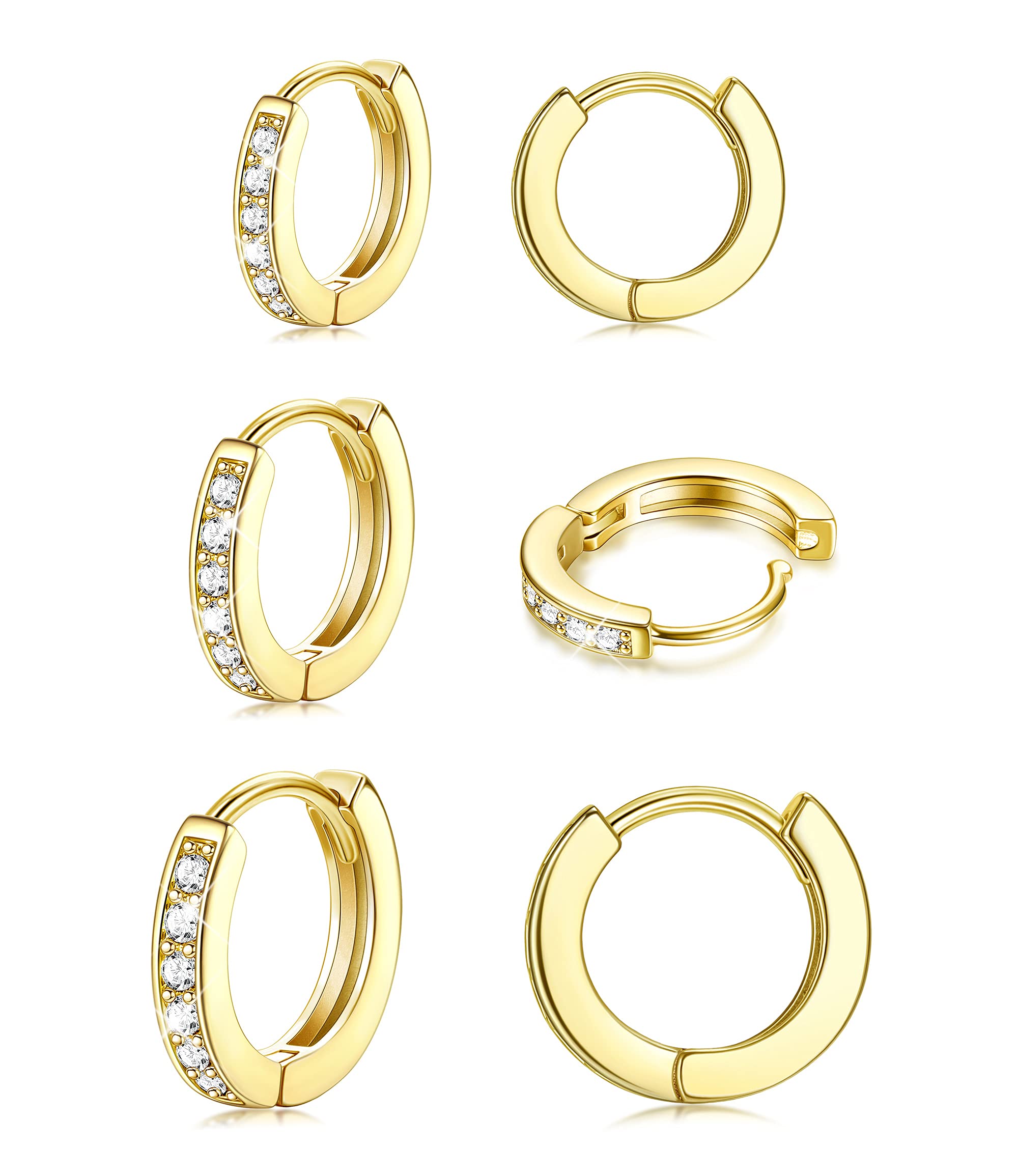 3 Pairs Silver Hoop Earrings for Women - 14K Gold Plated Sterling Silver Tiny Cartilage Earrings with Cubic Zirconia - Cuff Huggie Earrings Set for Girls, Men & Teens - Perfect for Everyday Wear, Parties & Gifts