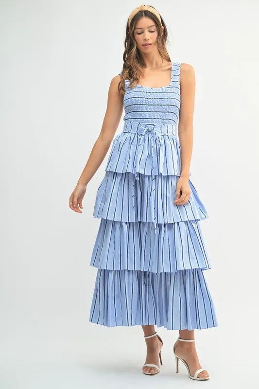 Spring Pin Stripe Layered Midi Summer Dress for Women - Floral Print Casual Sundress for Beach, Vacation & Outdoor Parties