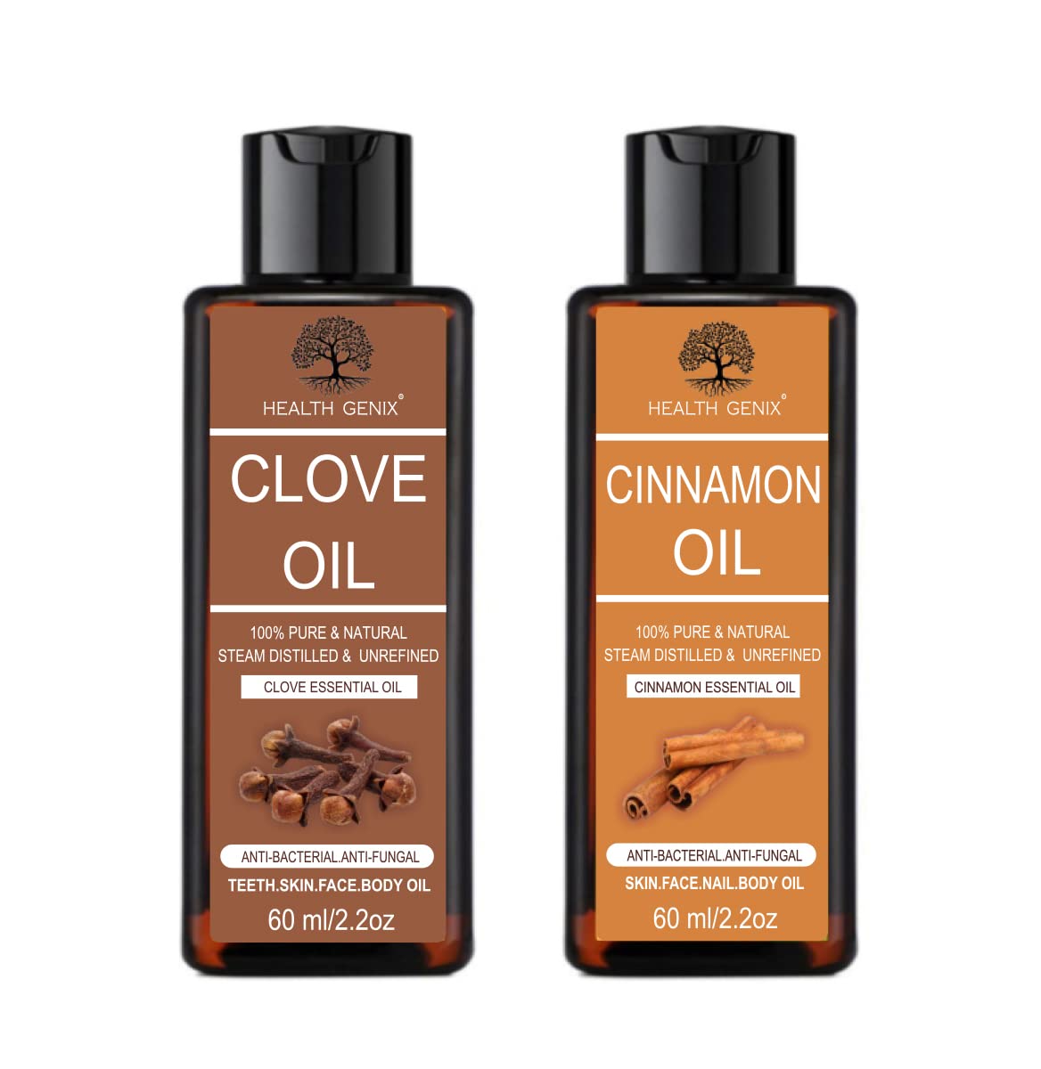 Healthgenix | 2-Pack Clove & Cinnamon Essential Oil Set - 60ml Each | Free 60ml Rose Water | 100% Pure Therapeutic Grade for Teeth, Hair & Skin Care | Aromatherapy, Massage & DIY Beauty Recipes
