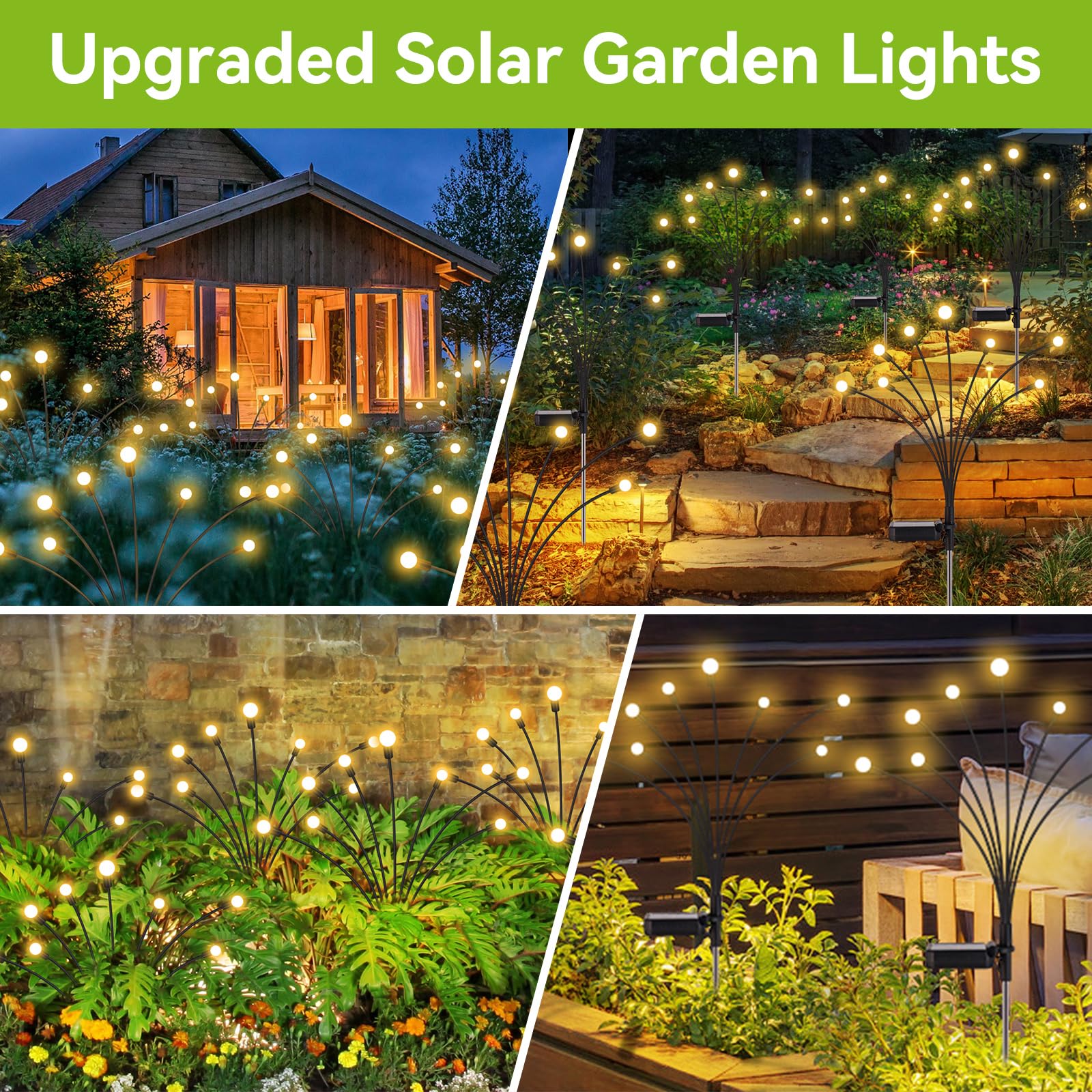 32 LED Solar Garden Lights Outdoor Waterproof - 4 Pack Decorative Swaying Firefly Lights for Pathway, Yard, Party & Christmas Decor - Warm White Solar Powered Landscape Lighting for Patio, Lawn & Backyard