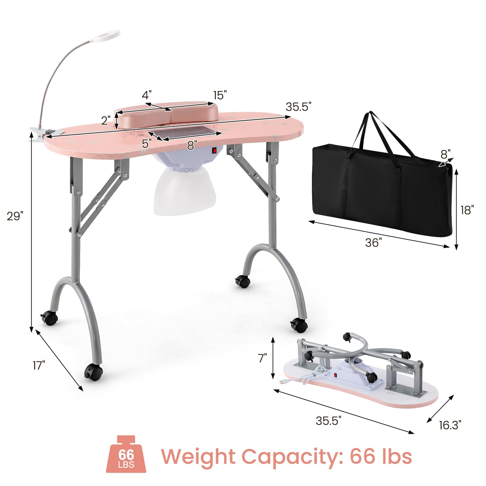WELLHUT Portable Nail Technician Table with LED Lamp, Ventilation System, Dust Collector, Carry Bag & Cushion - Adjustable Manicure Station with Universal Wheels for Home Spa & Professional Salon Use (Pink) - Perfect for Nail Artists, DIY Enthusiasts & Beauty Professionals