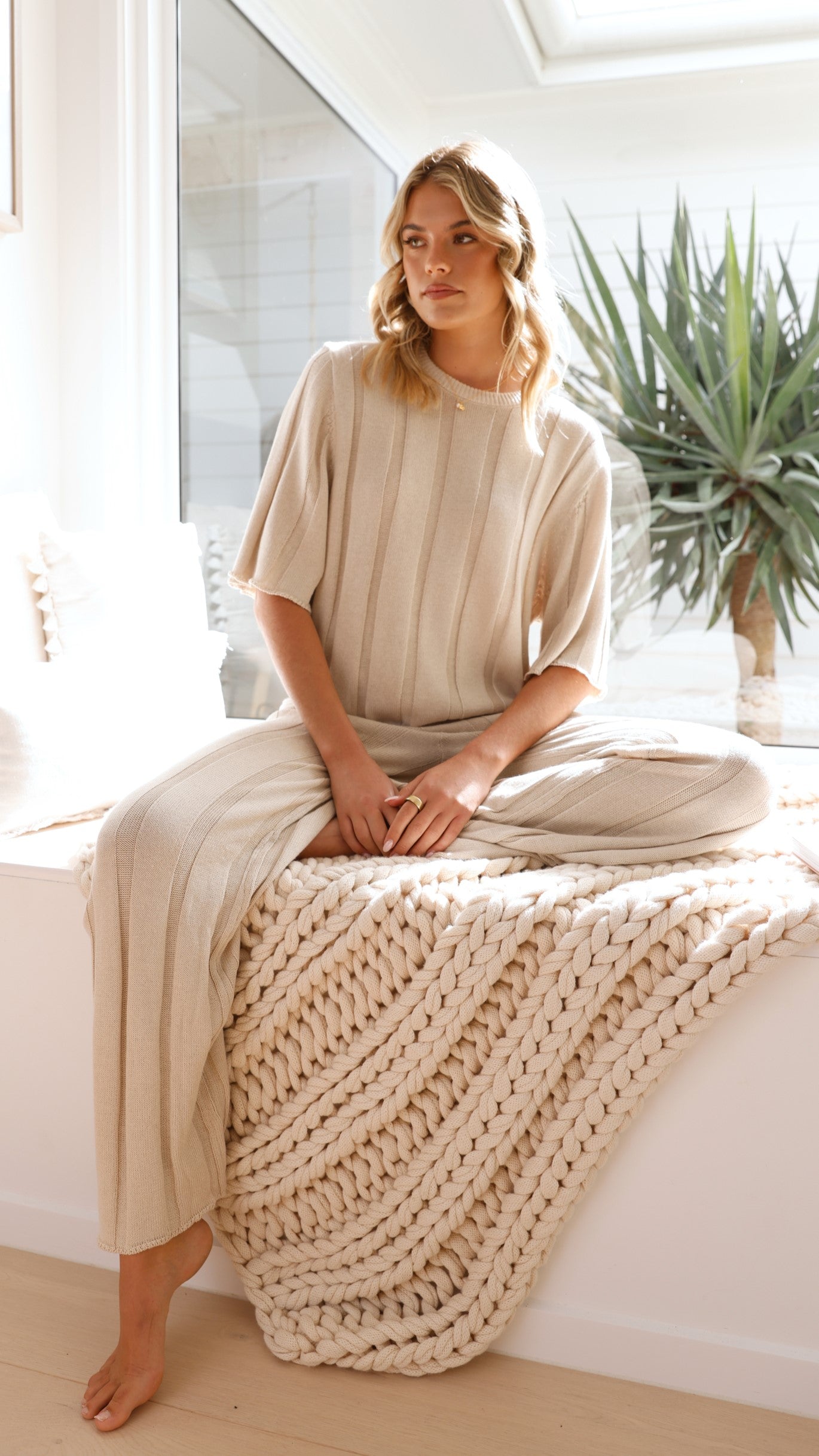 Bayu Knit Pants for Women - Soft Comfortable Stretchy High Waisted Lounge Pants - Cream Color - Perfect for Yoga, Home Wear and Casual Outfits