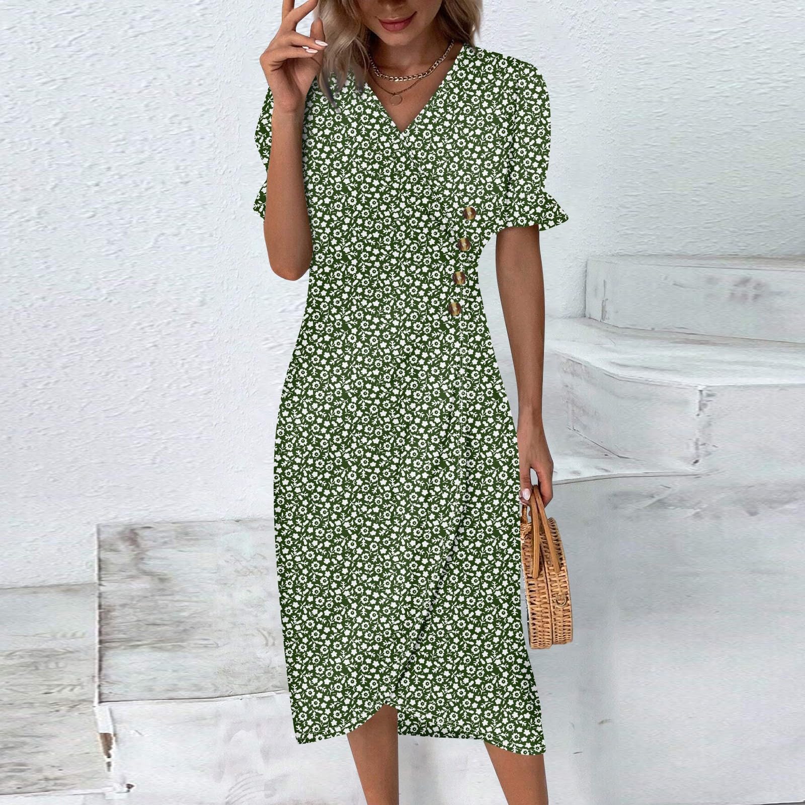 Women's Printed Ruffle Hem V-Neck Midi Dress - Short Sleeve Summer & Spring Elegant Dress 2024 | Casual Outing, Date Night, Office Wear