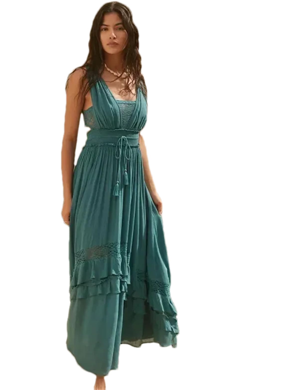 Women's Summer Sleeveless Beach Maxi Dress - Sexy Boho Floral Lace Ruffled Sundress for Vacation, Party & Date Night | Lightweight Comfortable Casual Dress