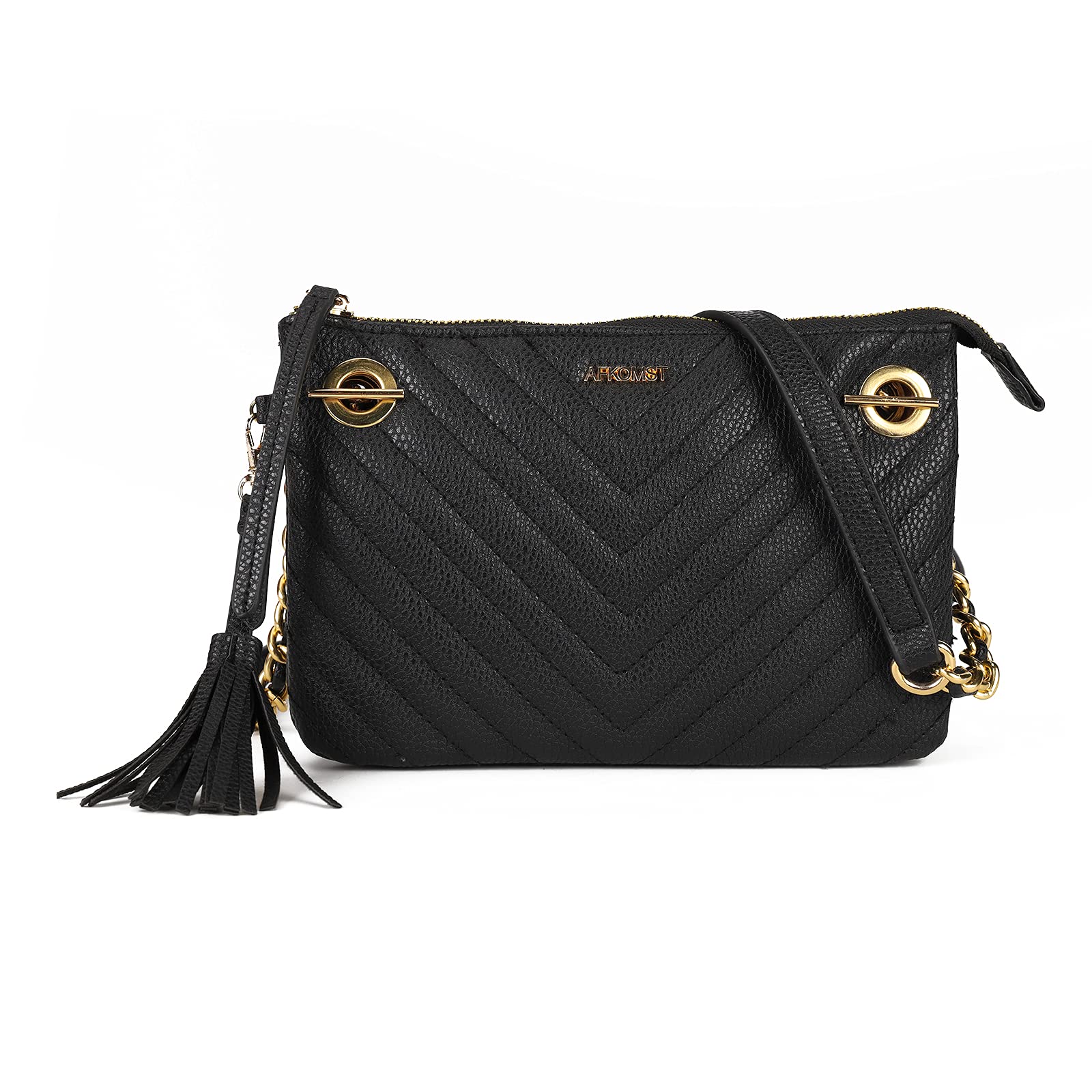AFKOMST Women's Quilted Crossbody Bag with Multiple Pockets - Stylish Shoulder Satchel Handbag with Tassel for Everyday Use | Perfect for Work, Travel, and Shopping