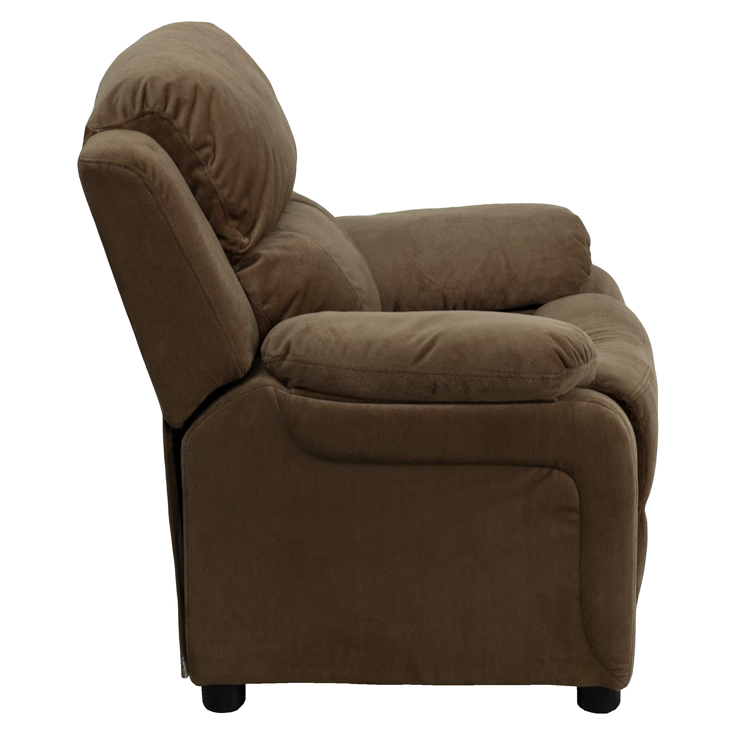 EMMA + OLIVER Deluxe Padded Brown Microfiber Kids Recliner Chair with Storage Arms - Comfortable Children's Lounge Chair for Bedroom, Playroom & Movie Nights