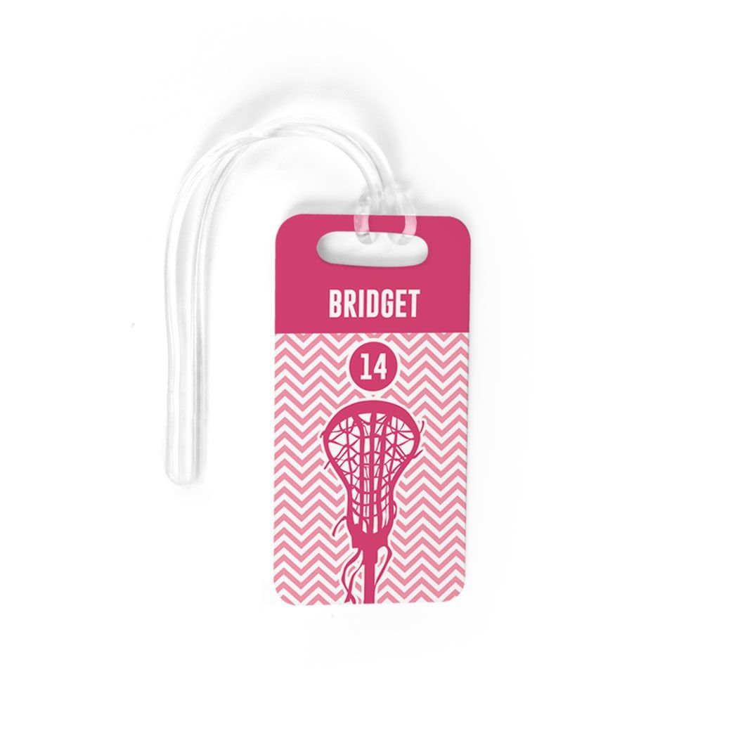 Personalized Pink Chevron Lacrosse Stick Luggage Tag for Girls - Small Size with Standard Lines on Back - Perfect for Travel, Sports Gear & School Bags