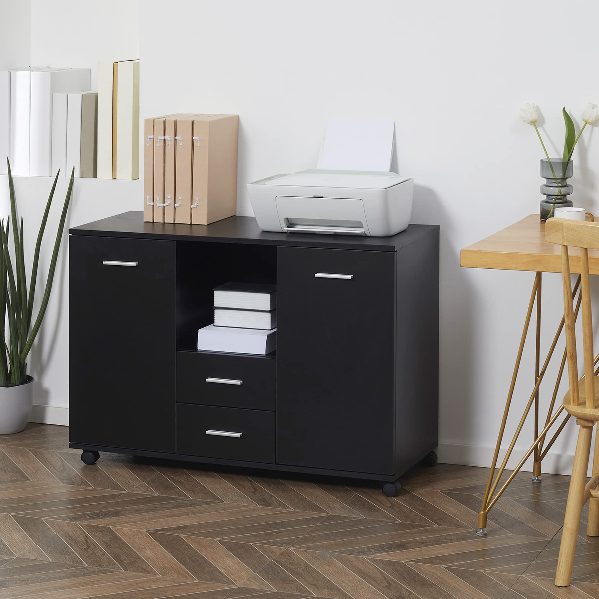 Vinsetto Black 2-Drawer 2-Shelf Multifunctional Office Filing Cabinet & Printer Stand with Smooth Countertop - Perfect for Home Office, Small Business & Workspace Organization